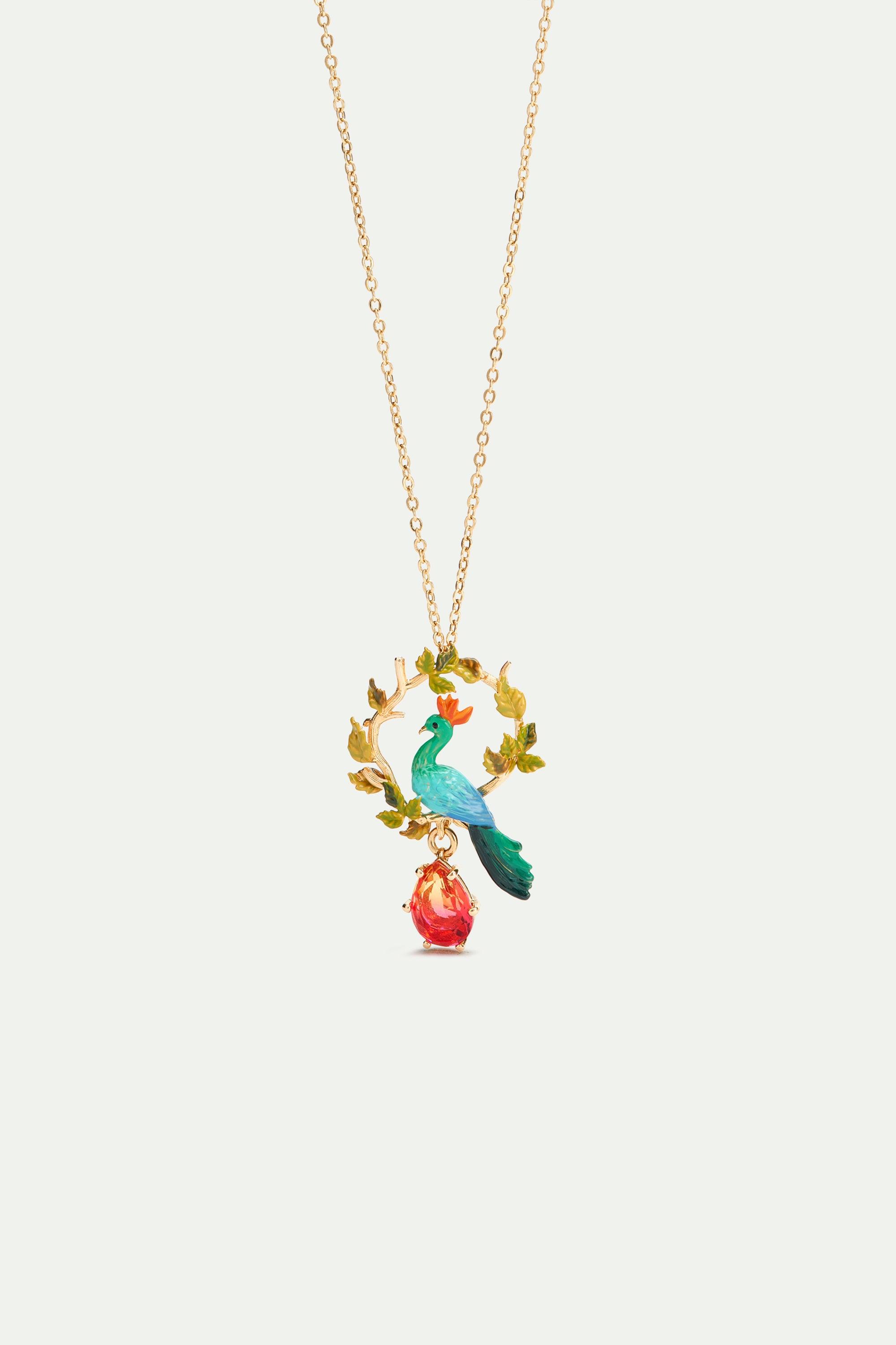 Peacock and faceted glass pear pendant necklace