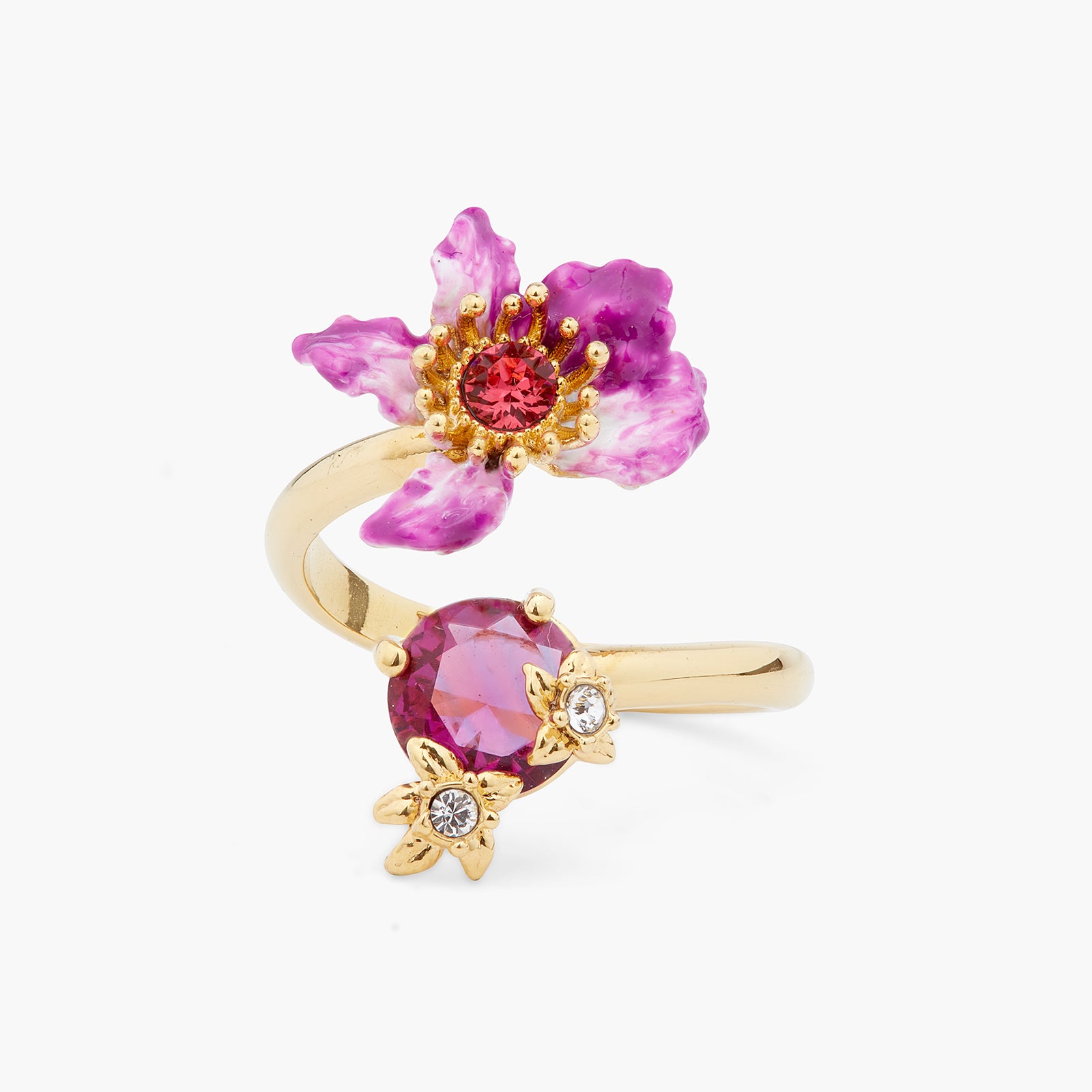 Anillo ajustable tú y yo flor de Bauhinia violeta y cristal en facetas