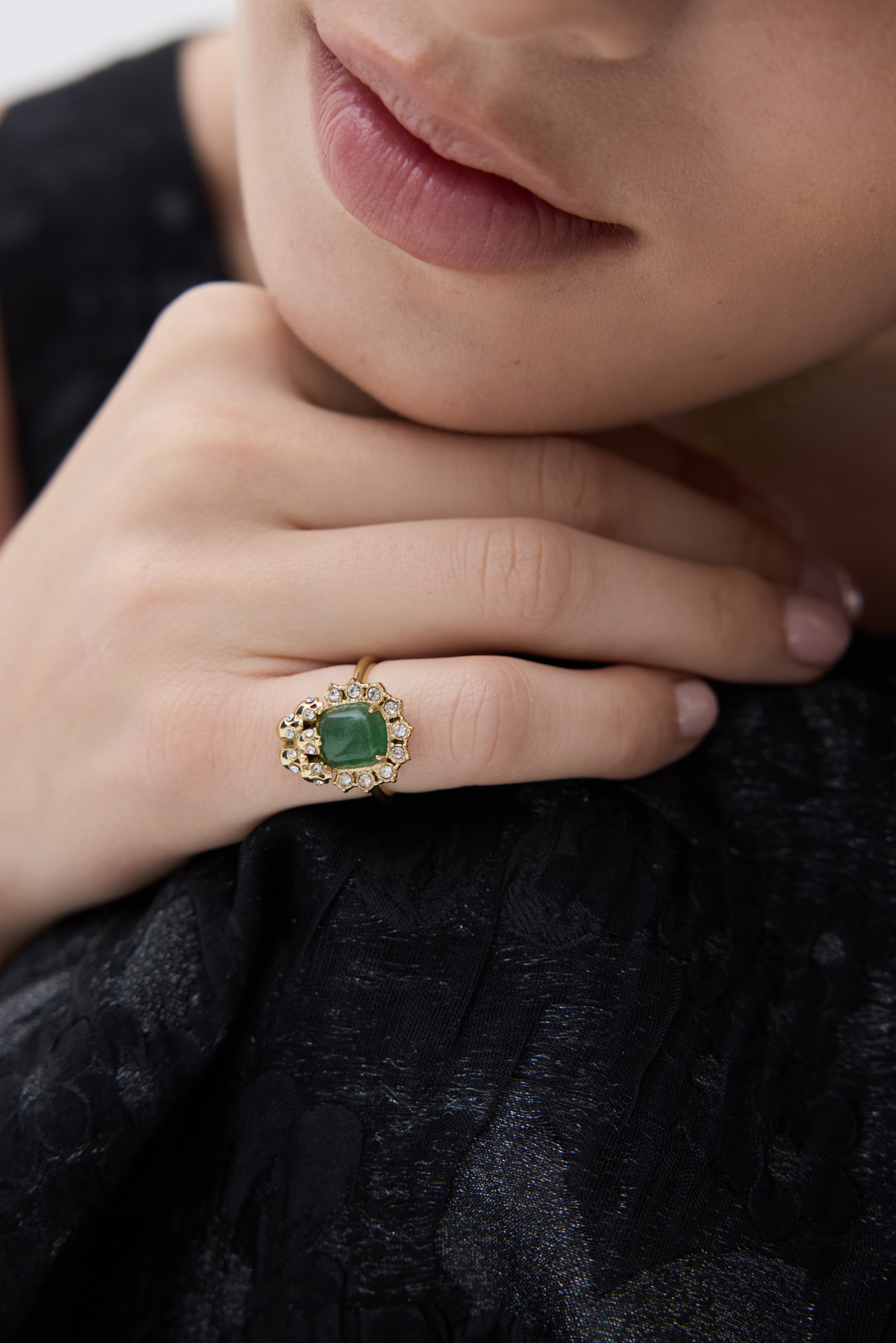 Green aventurine, skulls and crystal ring