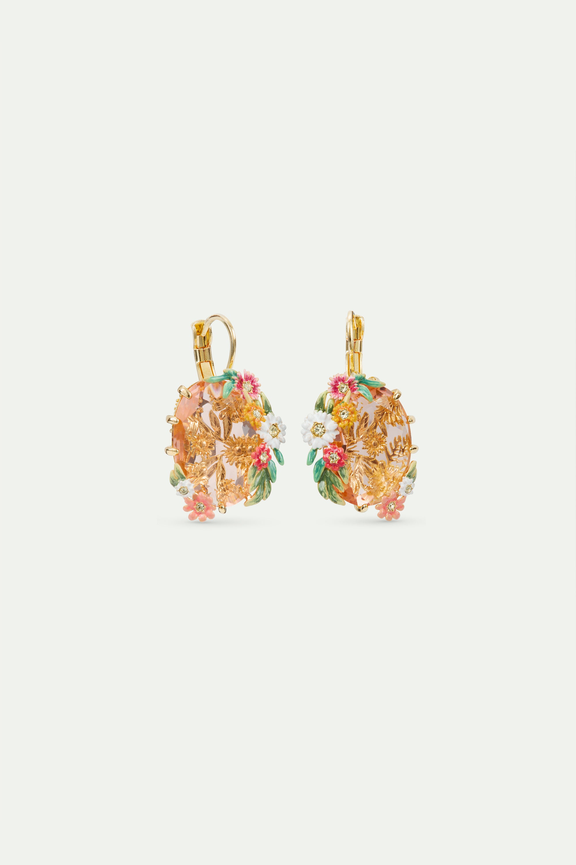 Pendientes dormilonas piedra facetada rosa ovalada, flores de zinnias y margaritas