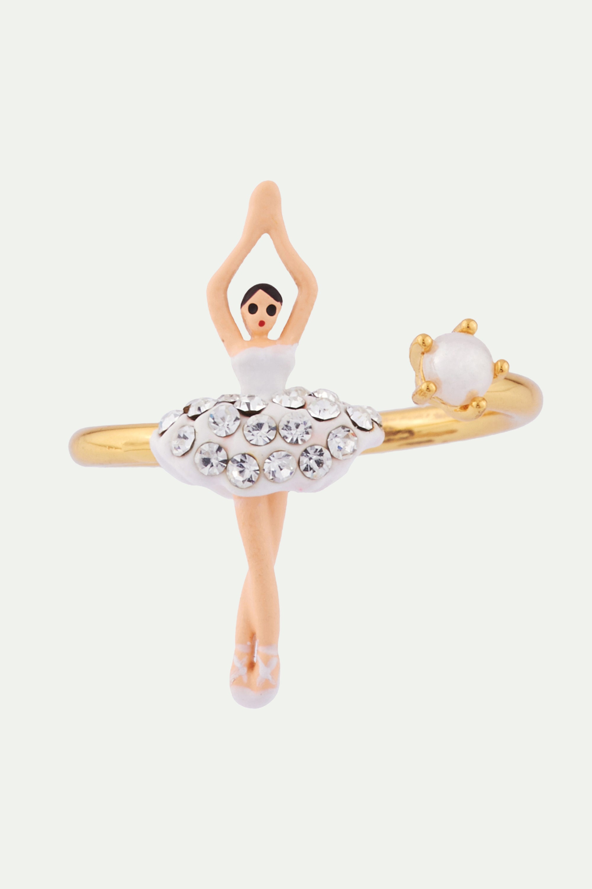 White Mini Ballerina adjustable ring with rhinestone and pearl