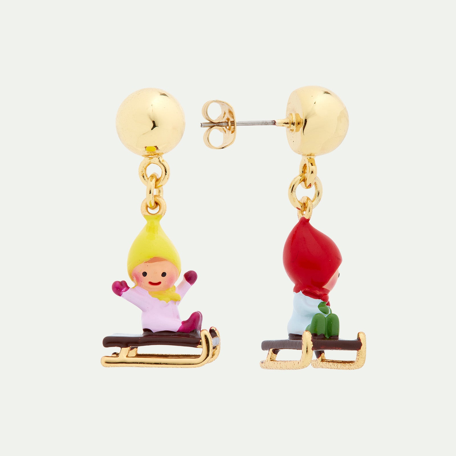 Sledging young garden gnome clip-on earrings