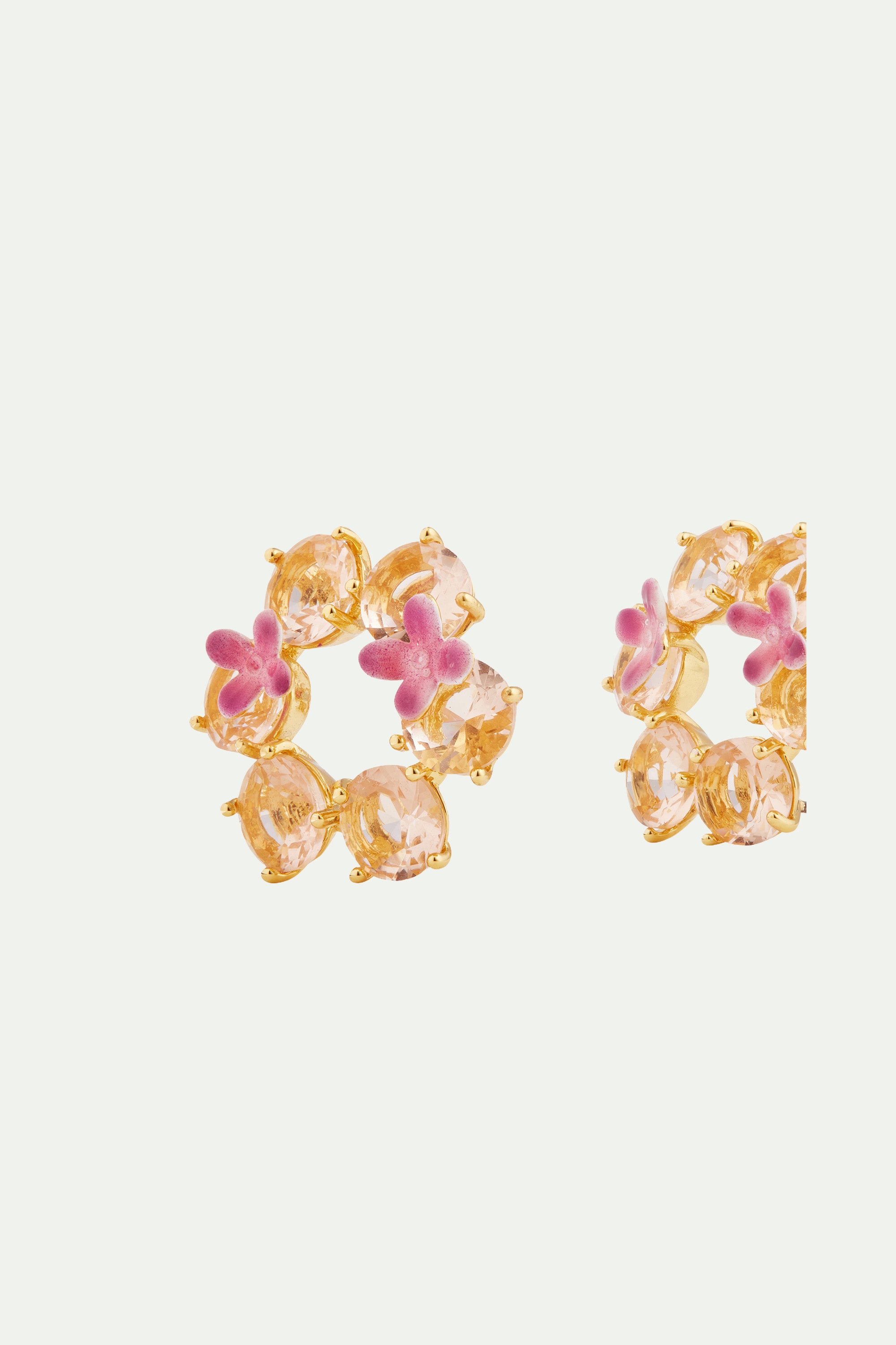 Apricot pink diamantine flower and 6 round stone earrings