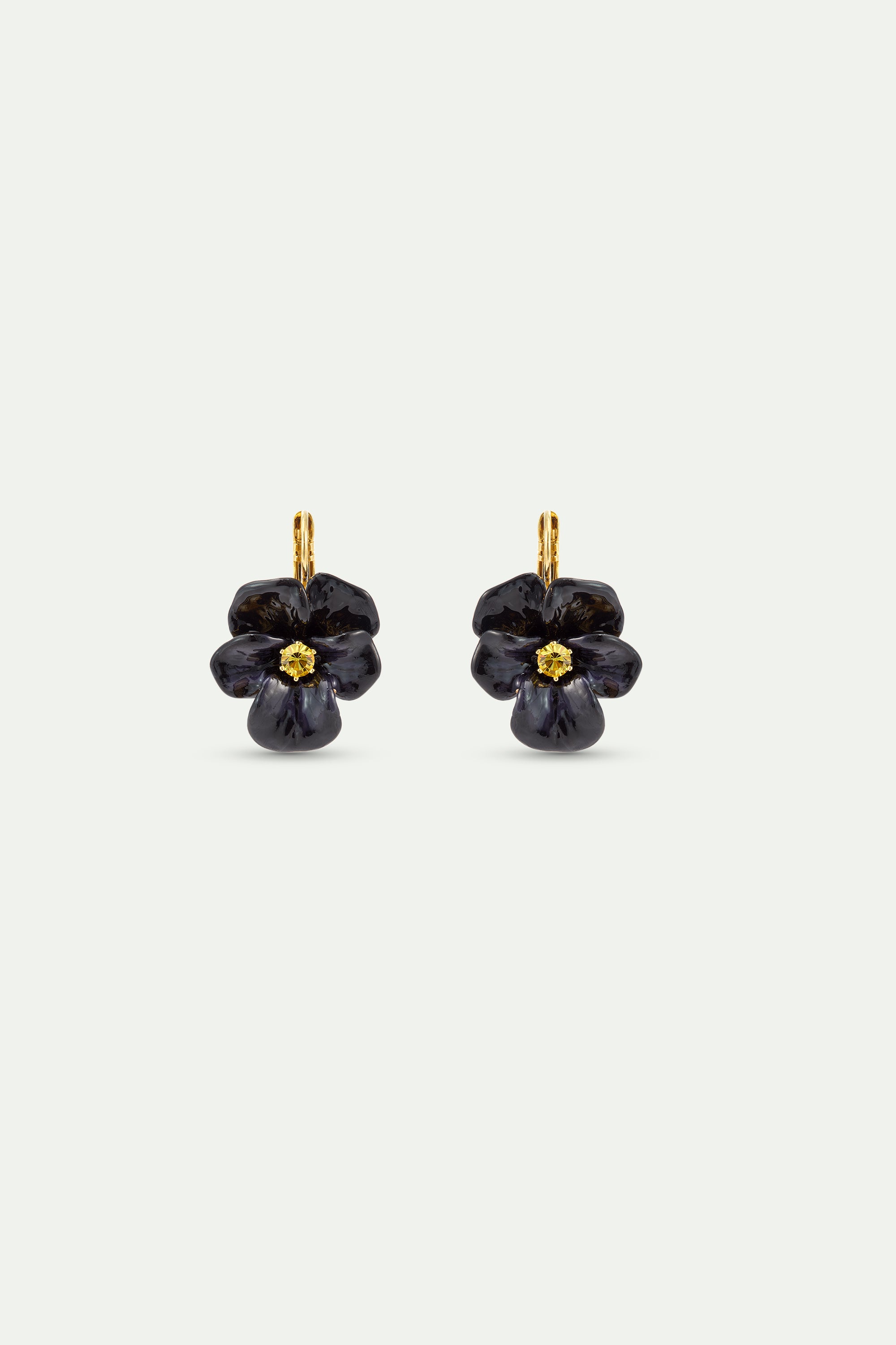Boucles d'oreilles dormeuses pensée noire et cristal taillé