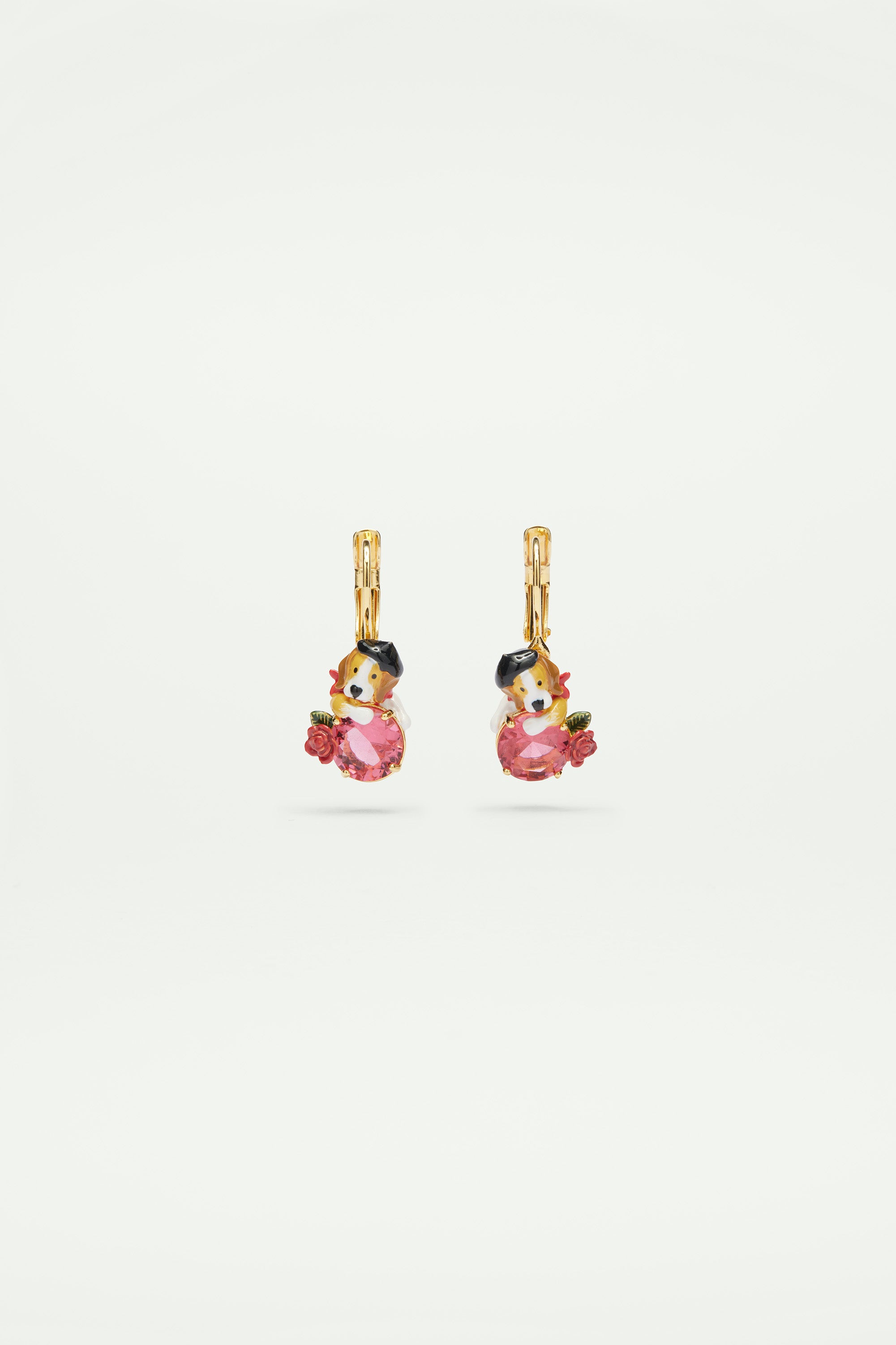Beagle and pink cut glass stone sleeper earrings