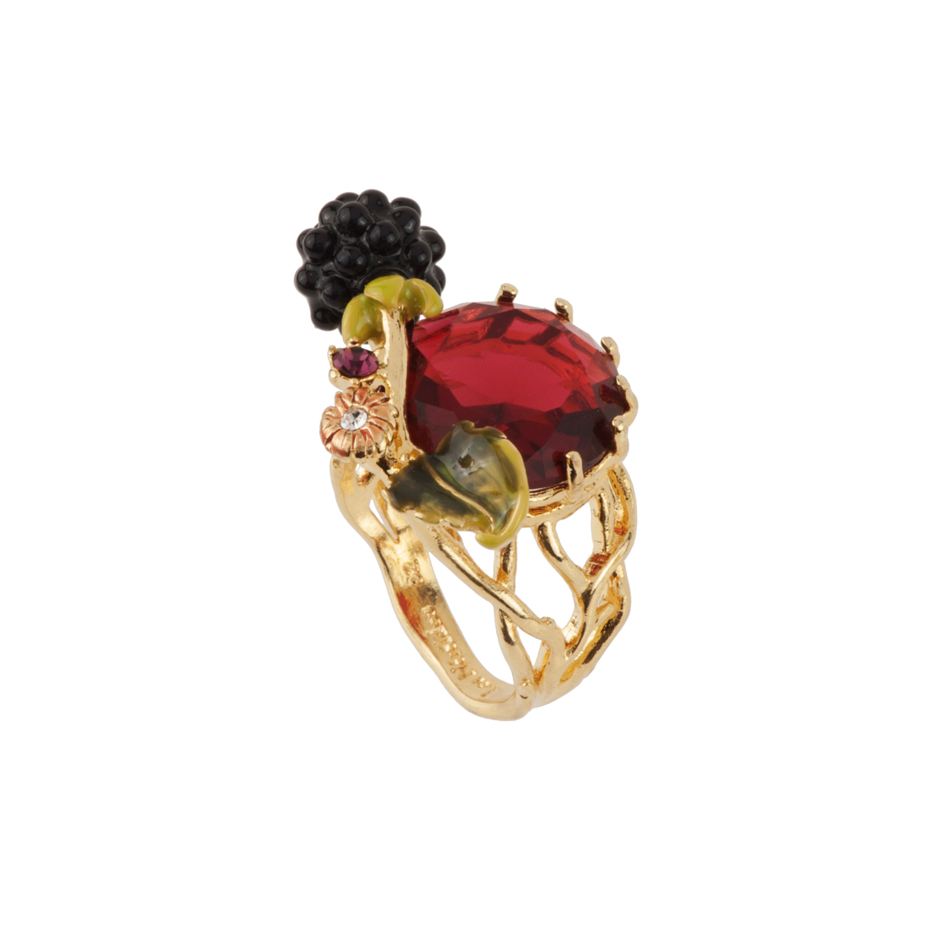 Ring VEGETATION DOREE Blackberry. leaf & red glass stone