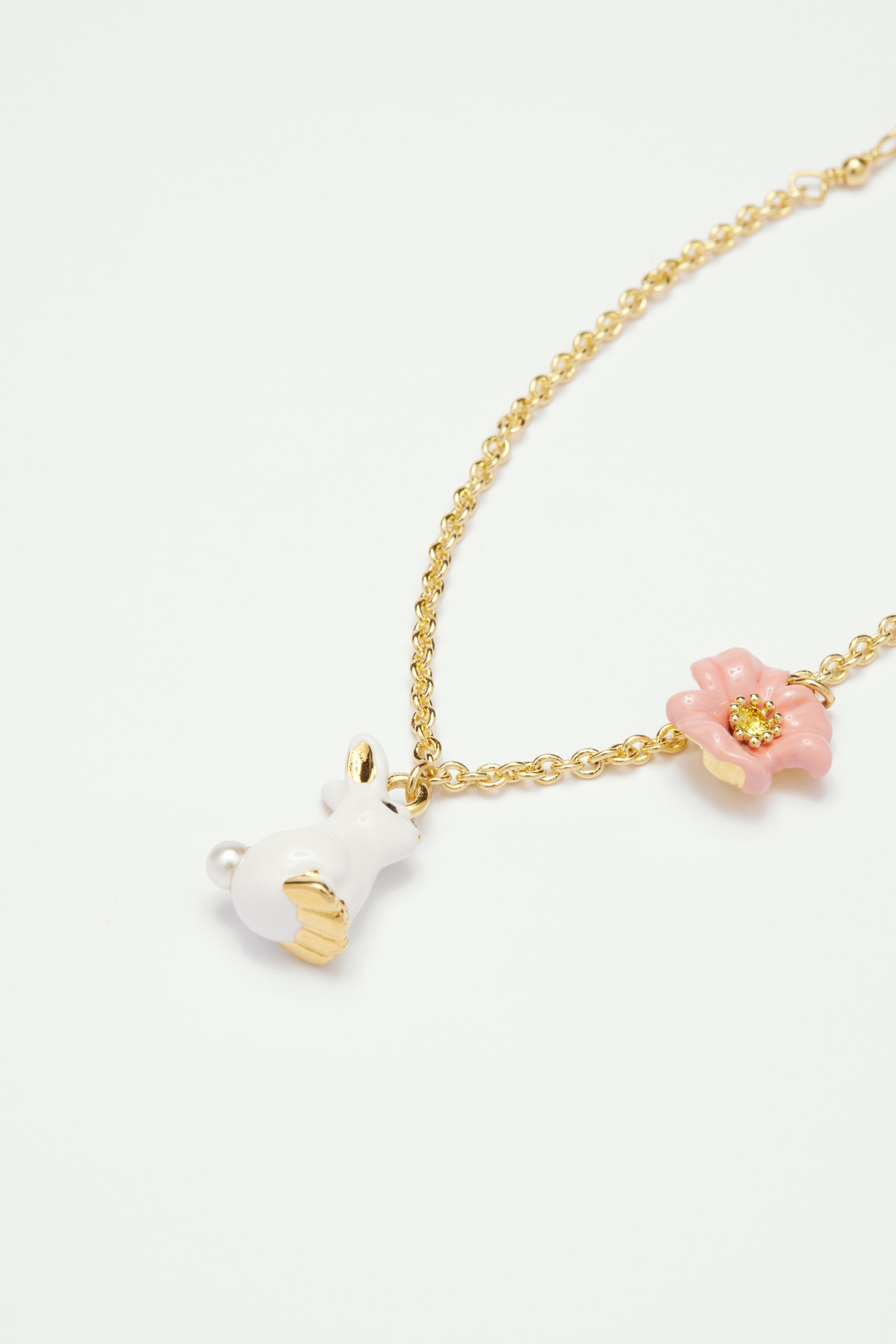 Rabbit and Pink Flower Thin Chain Bracelet