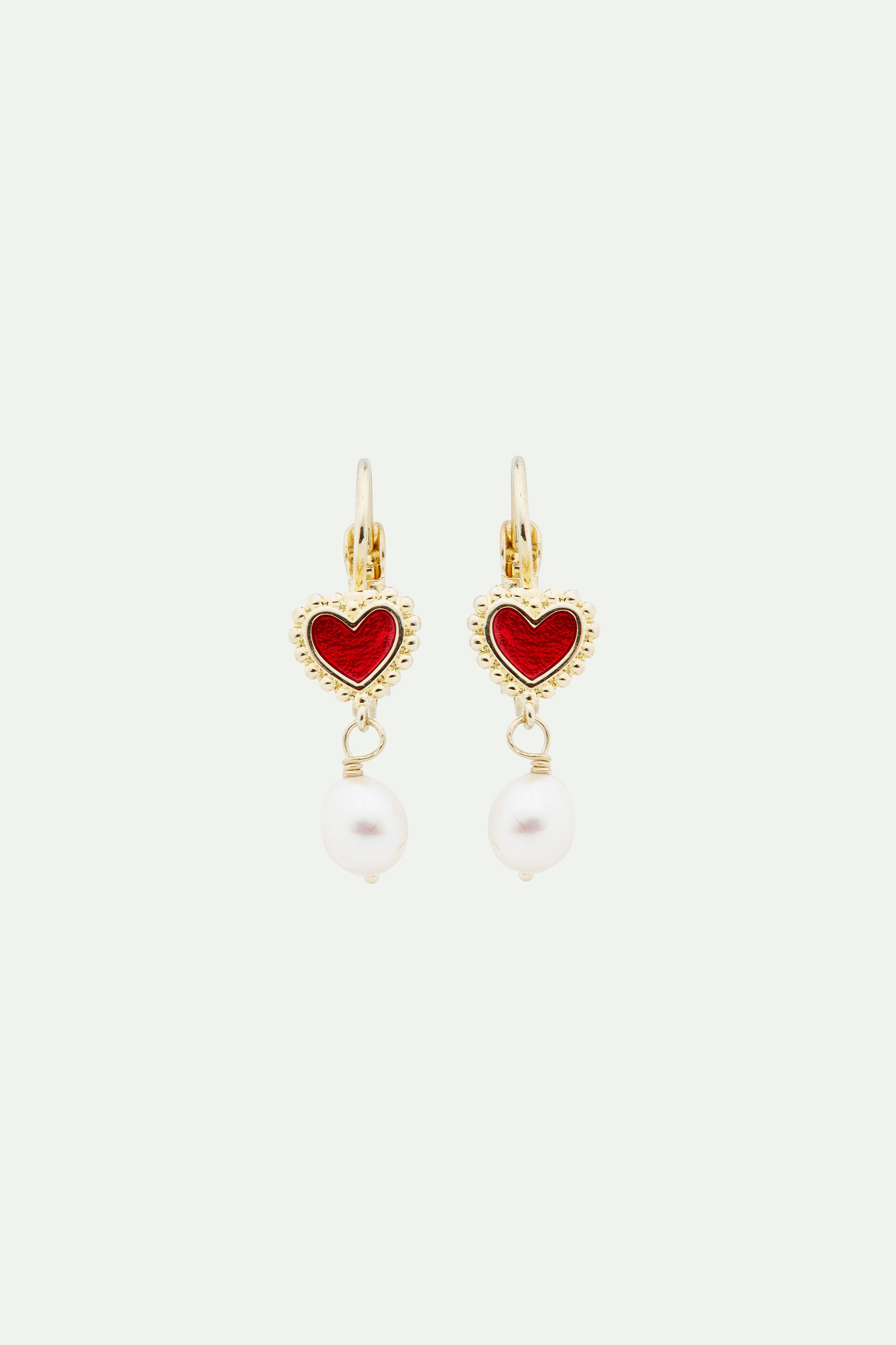 Heart and cultured pearl sleeper earrings