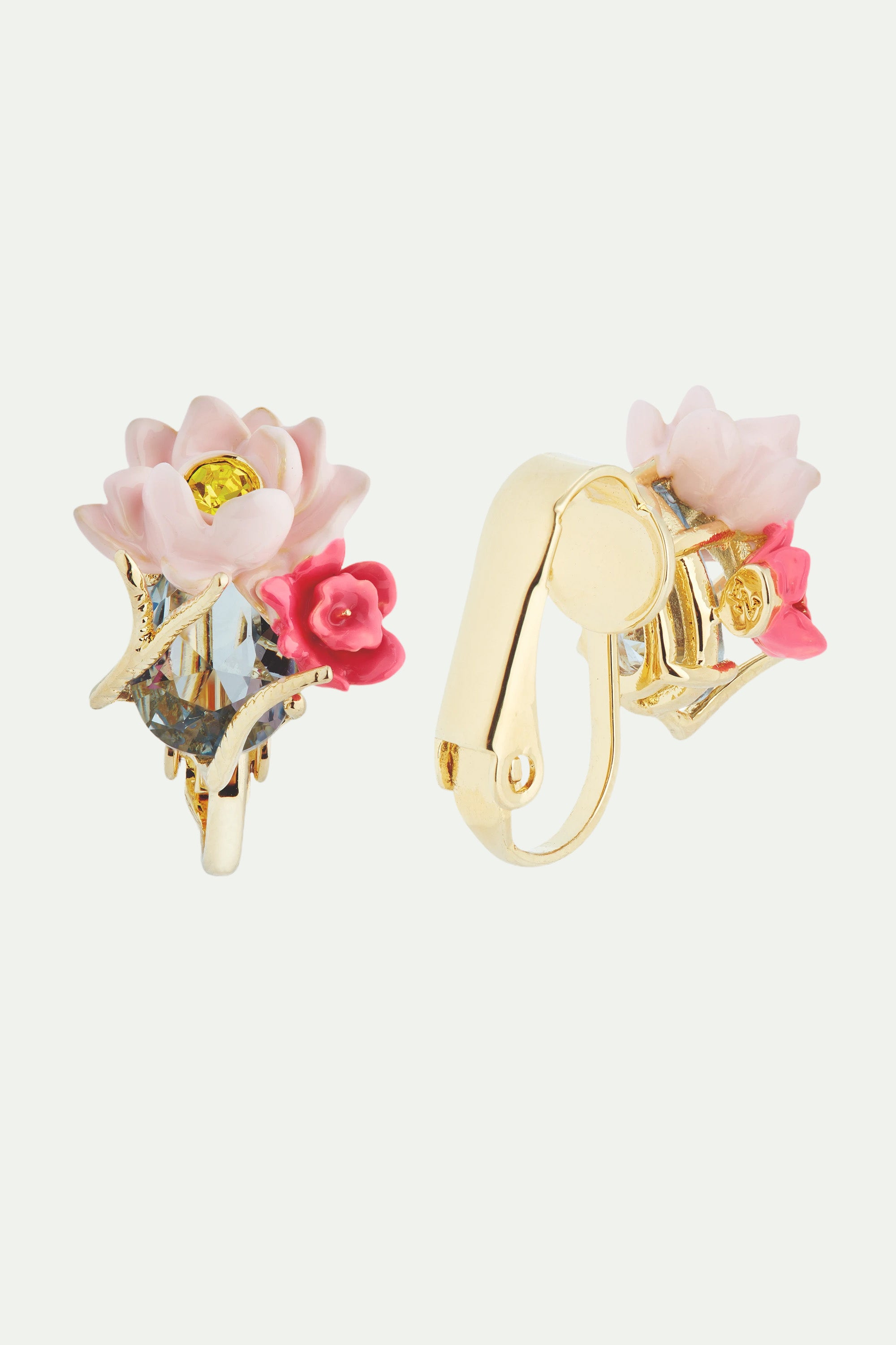 Pink lotus and light blue stone post earrings