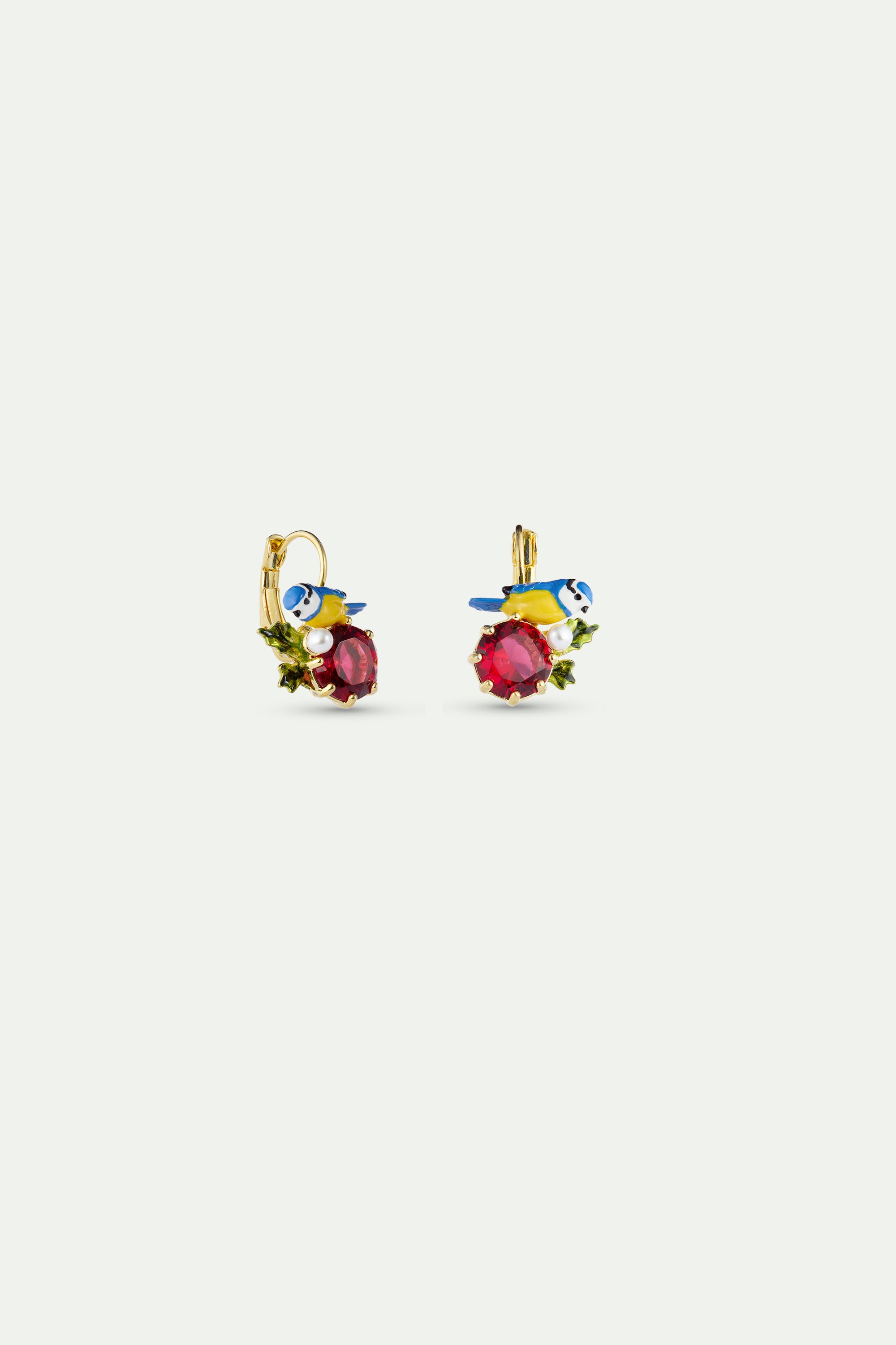 Blue tit and round red stone sleeper earrings