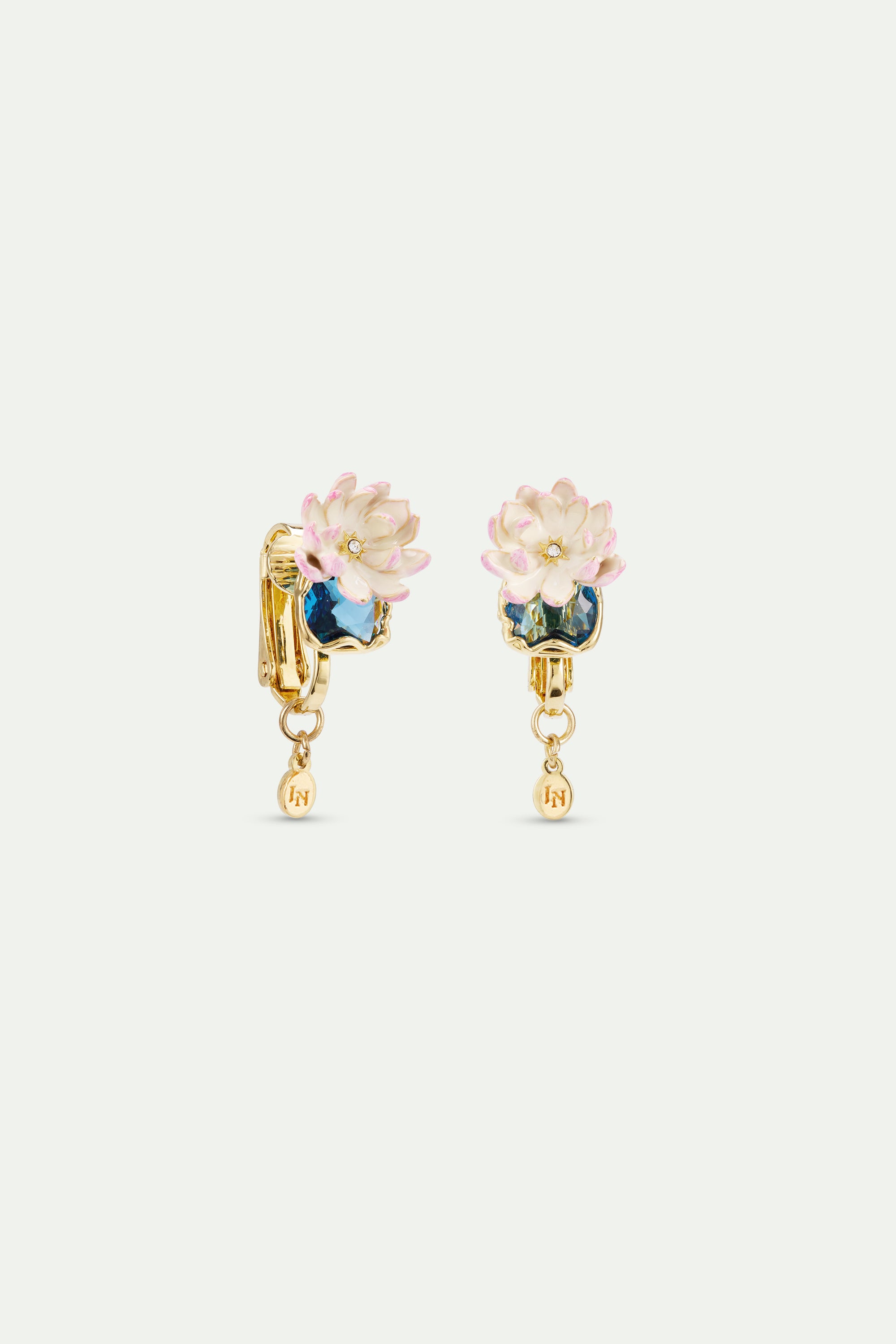 Pendientes bolitas nenúfar rosa y piedra redonda azul