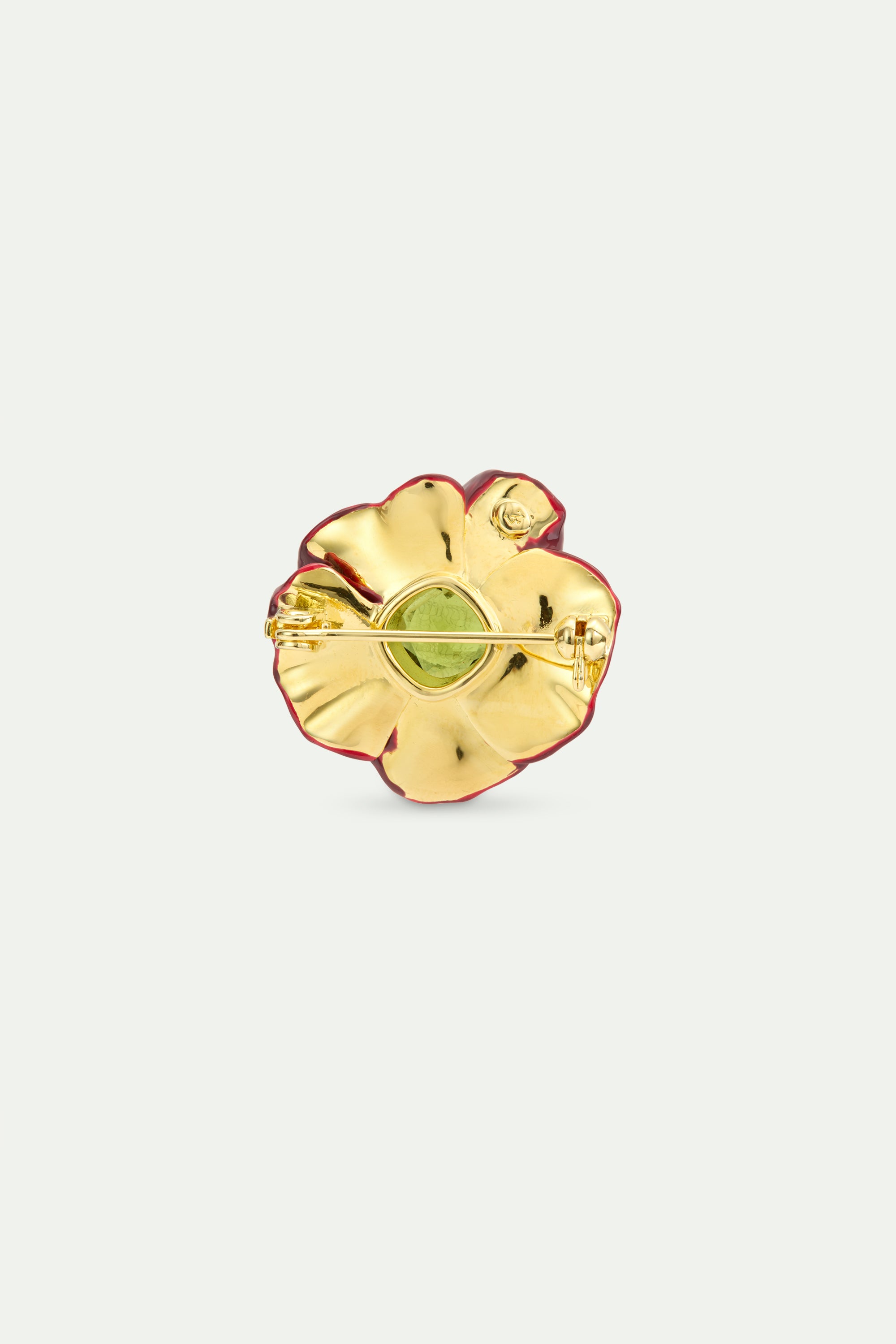 Burgundy anemone flower and green faceted stone brooch