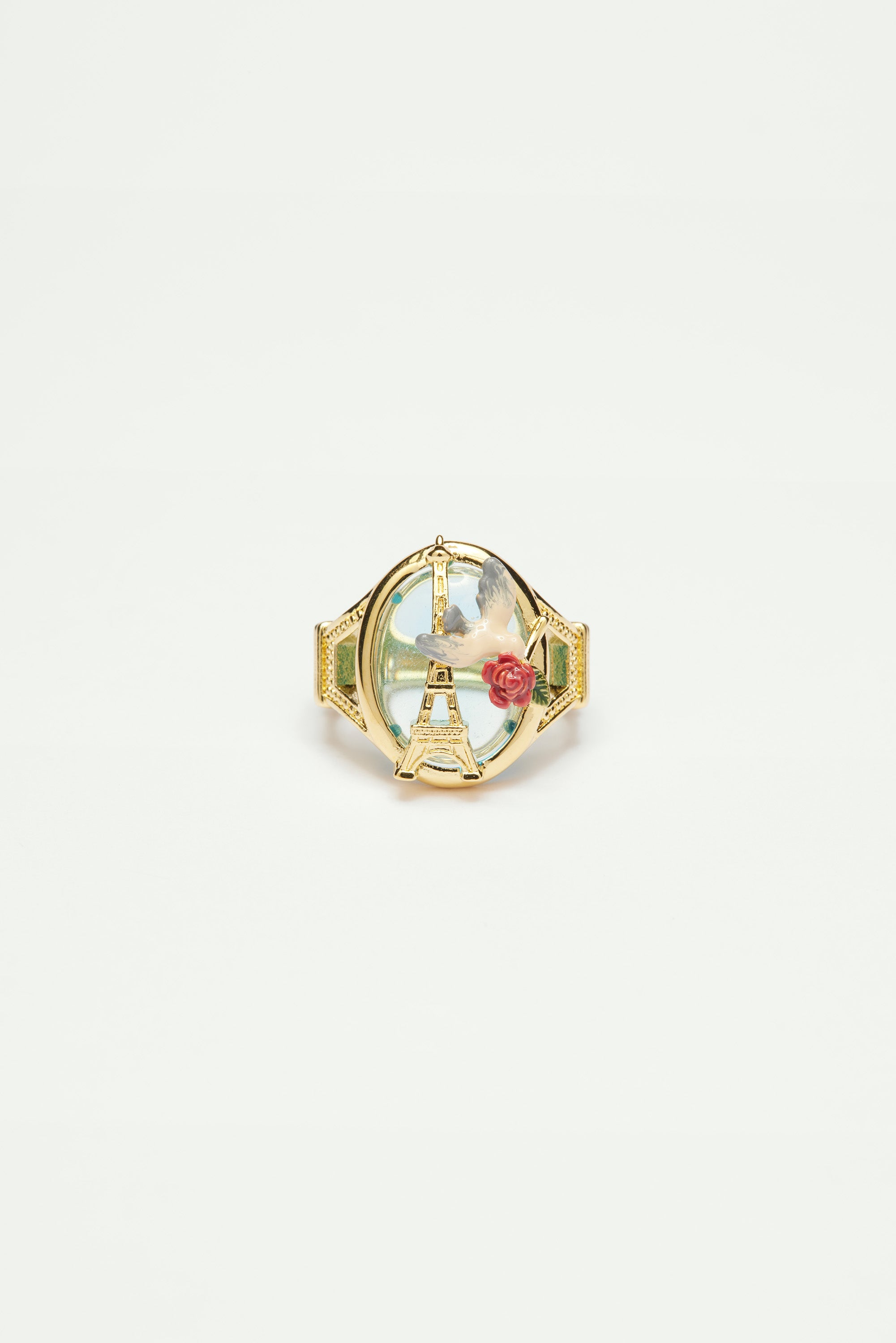 Eiffel tower, sparrow and rose cocktail ring