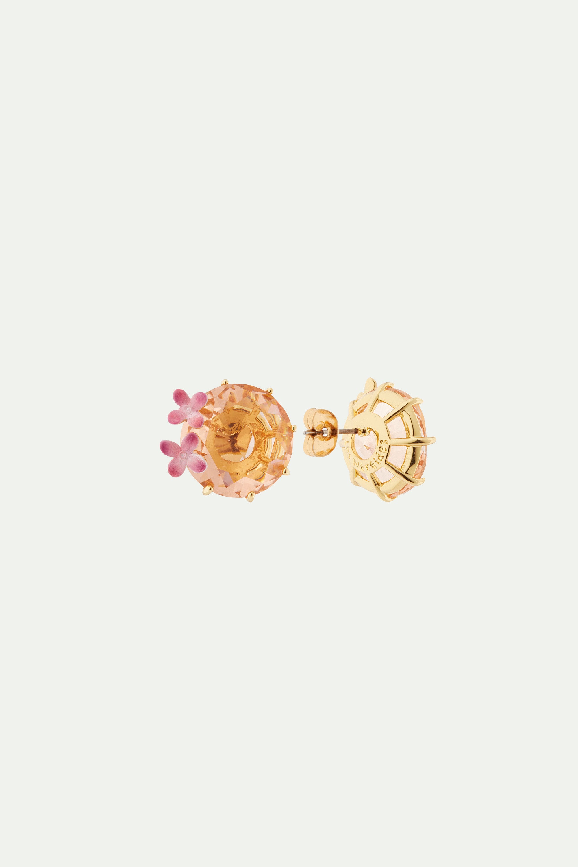 Apricot pink diamantine flower and round stone post earrings