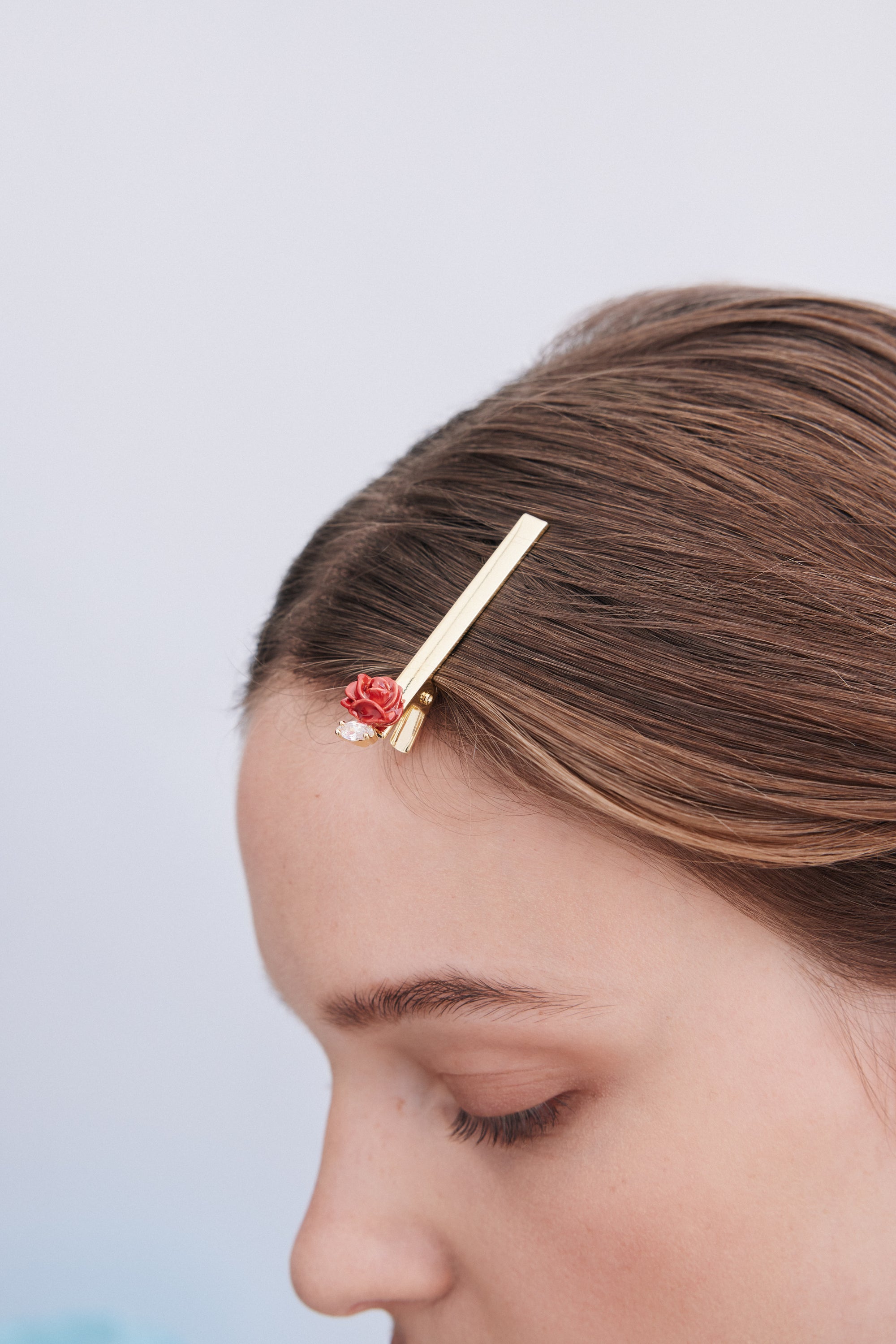 Red rosebud and cut crystal hair pin