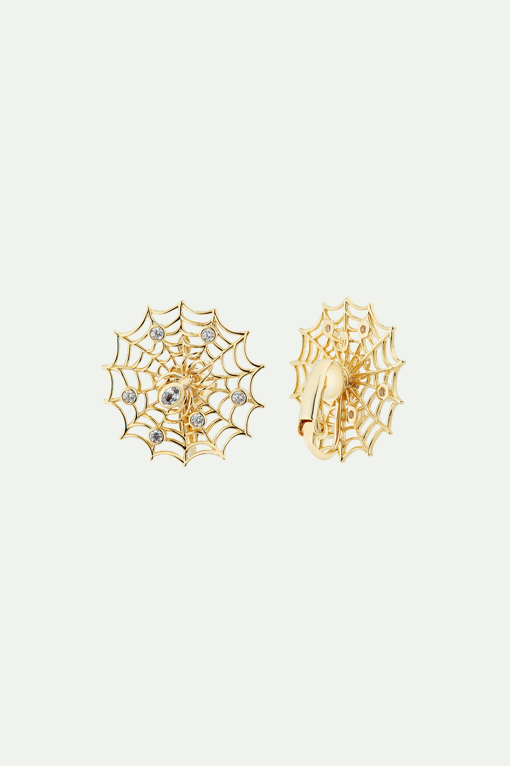 Golden spider's web and crystal post earrings