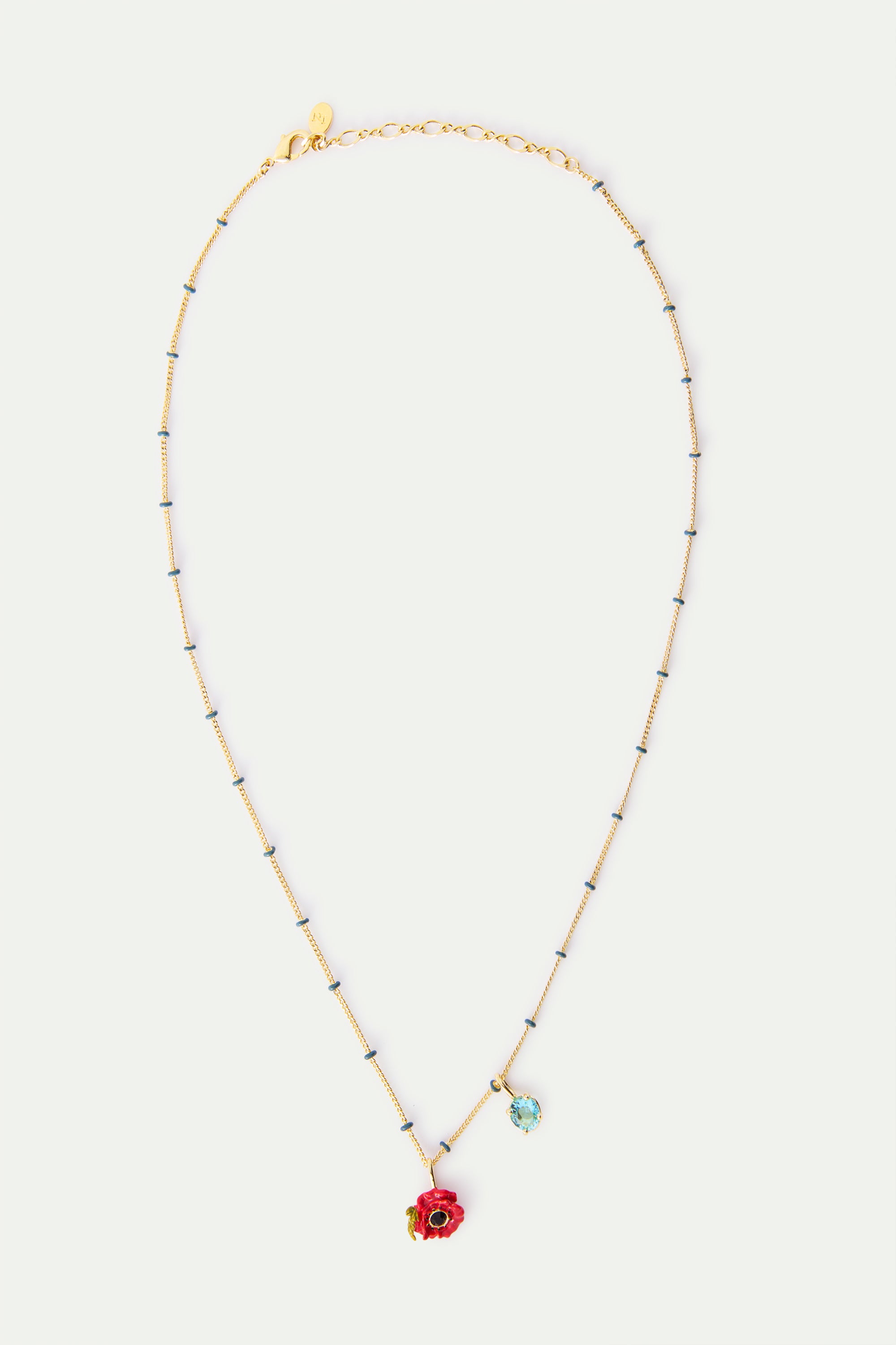 Collar colgante amapola roja y piedra redonda azul