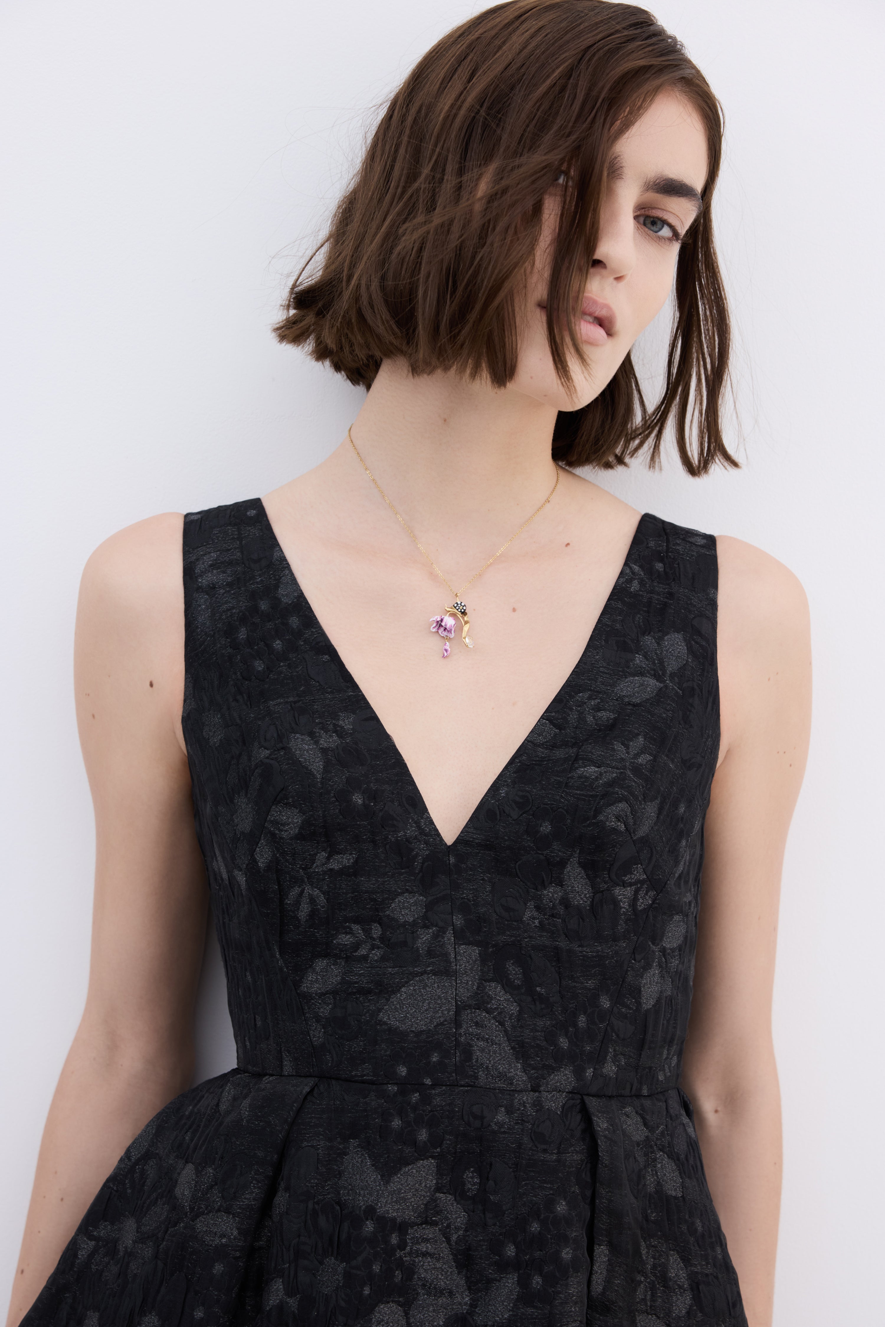Purple tulip, snail and crystal pendant necklace