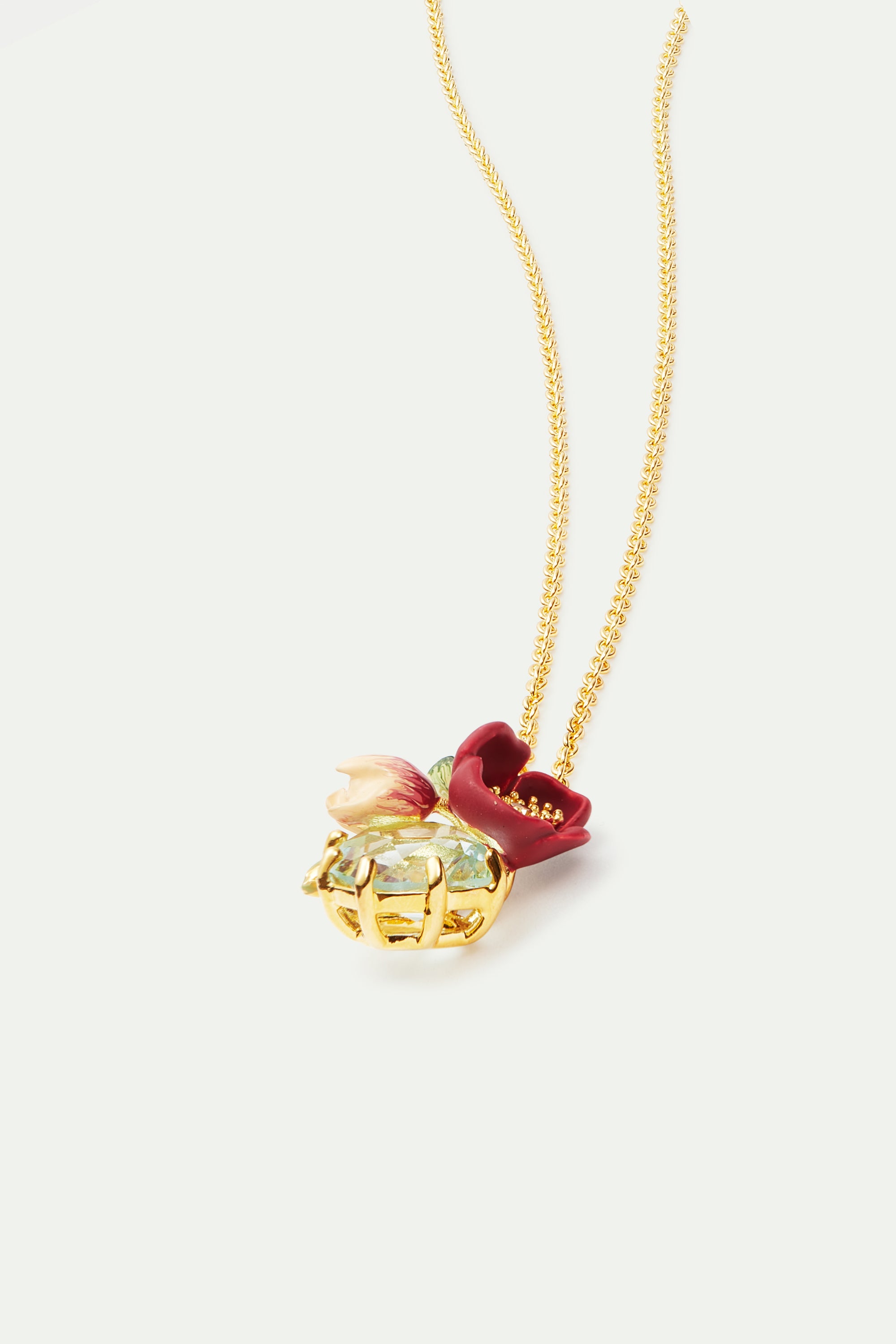 Red hellebore flower and faceted stone pendant necklace