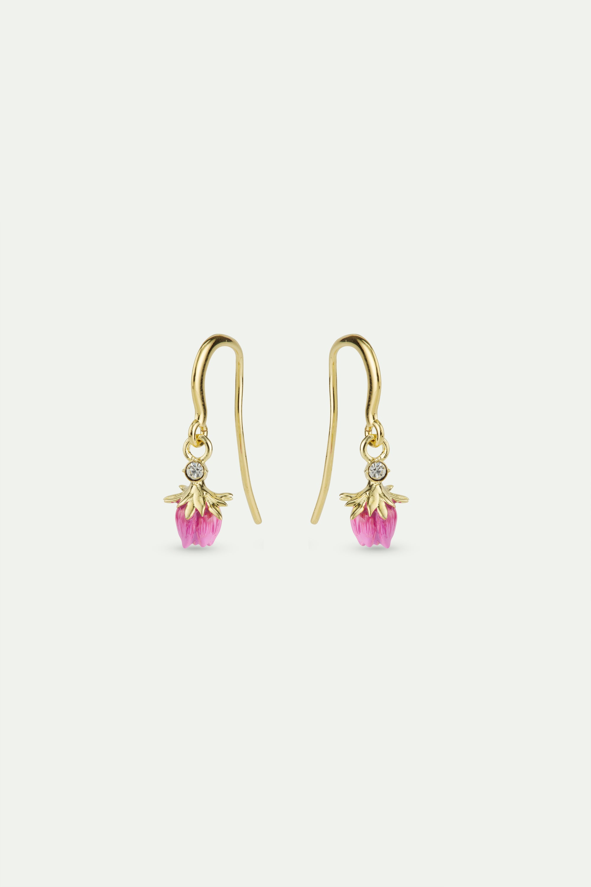 Dangling rosebud hook earrings with a white crystal