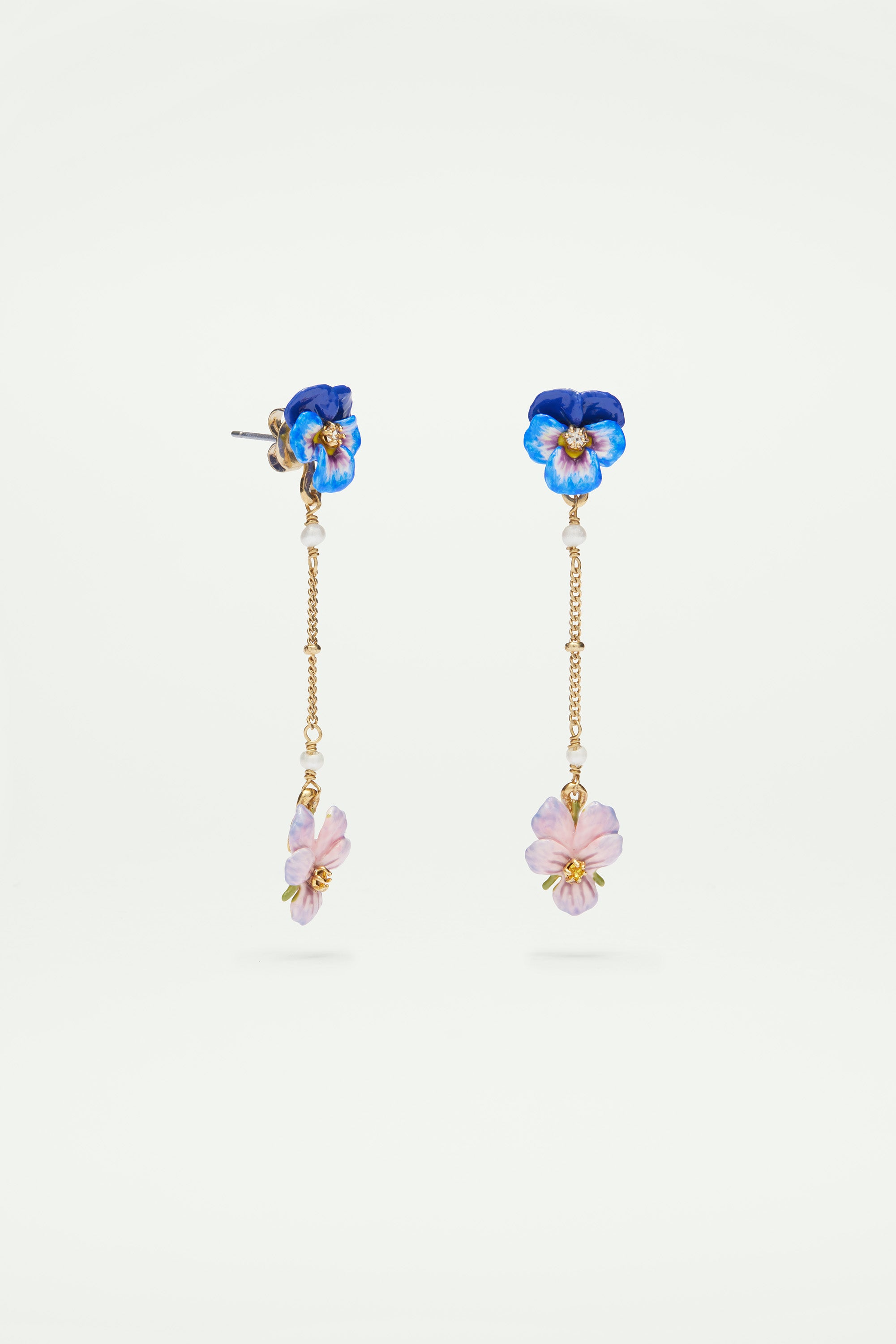 Pink pansy and freshwater pearl and blue pansy dangle post earrings