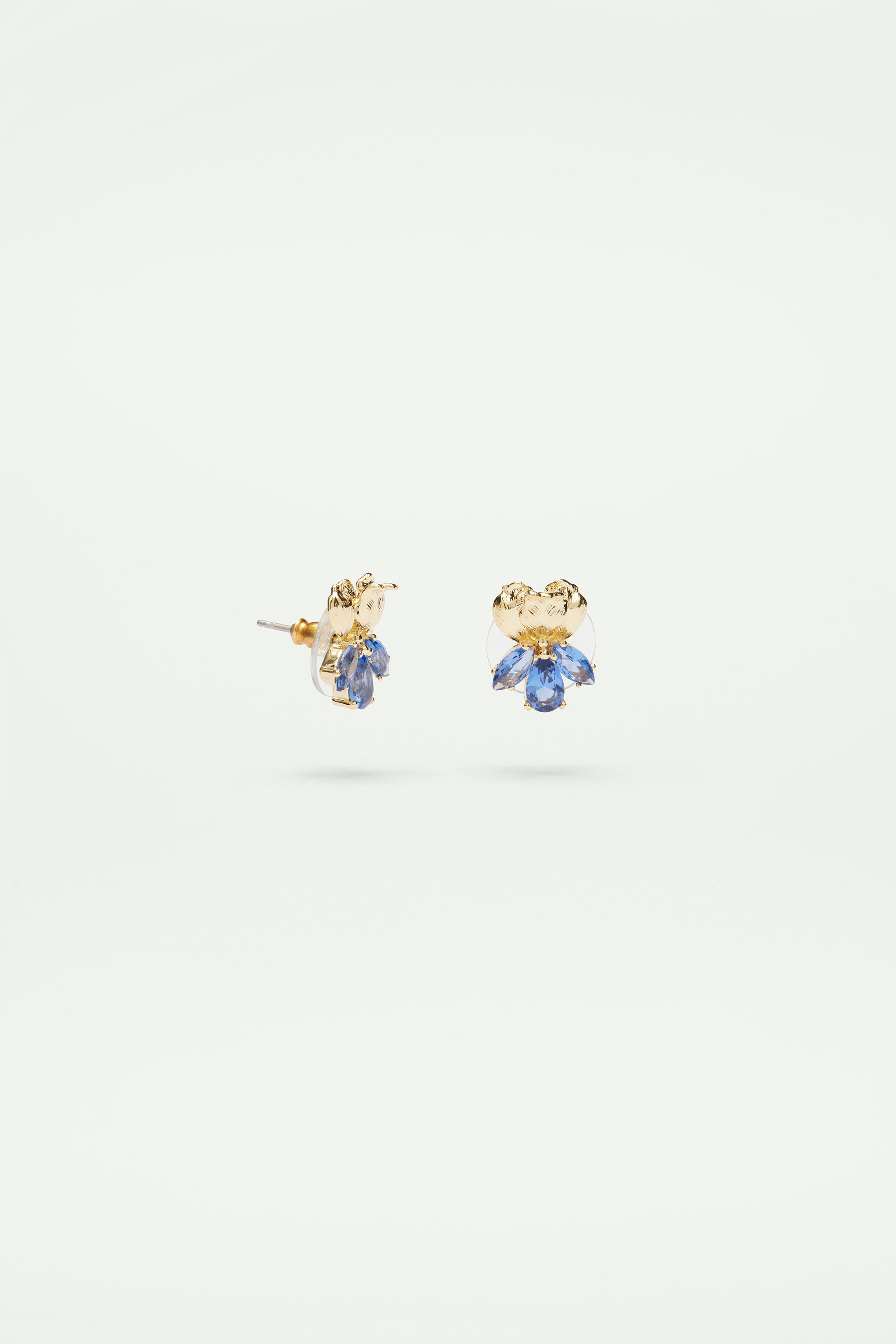 Gold Iris and blue crystal post earrings