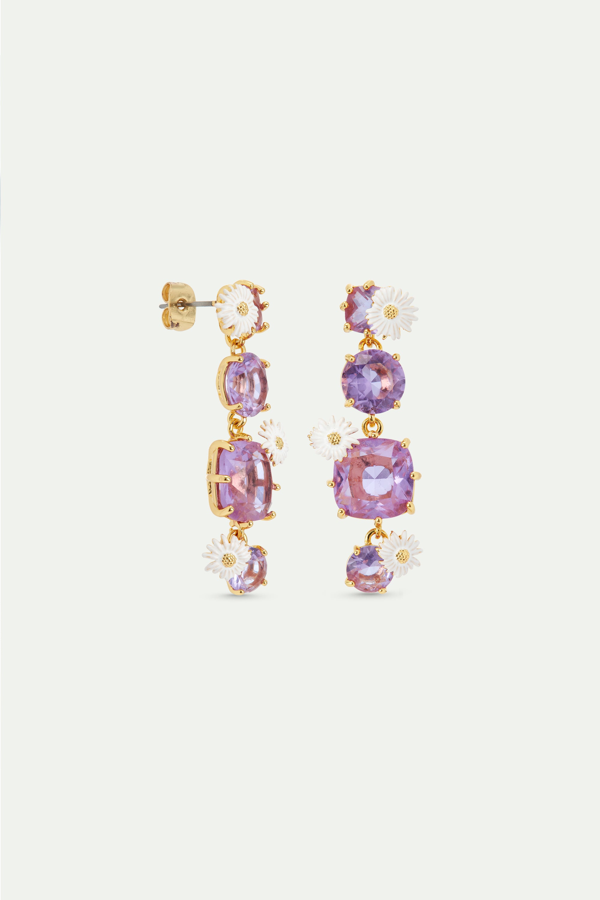 Four stone Lavender Diamantine dangle earrings with daisies