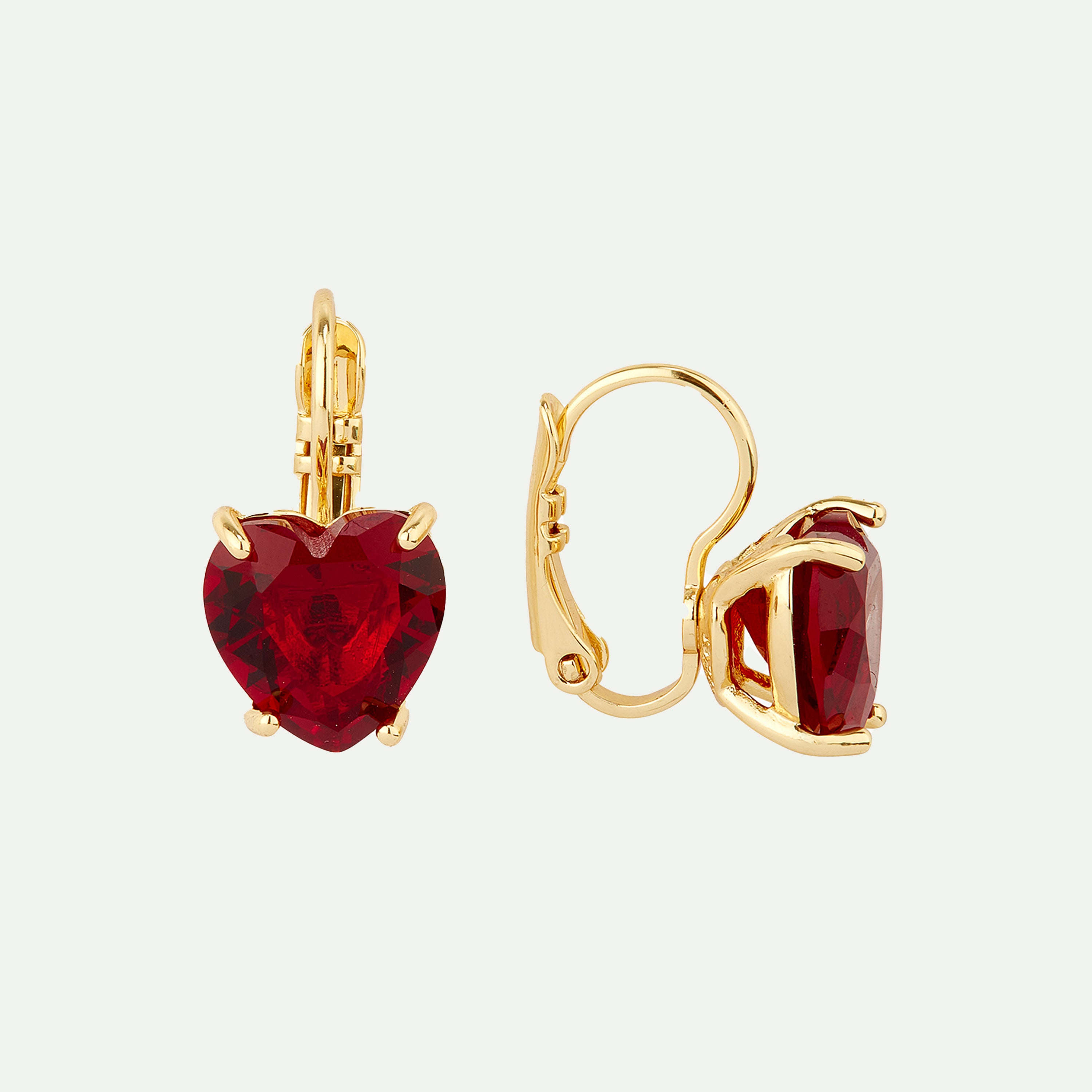 Garnet red diamantine Heart stone sleeper earrings