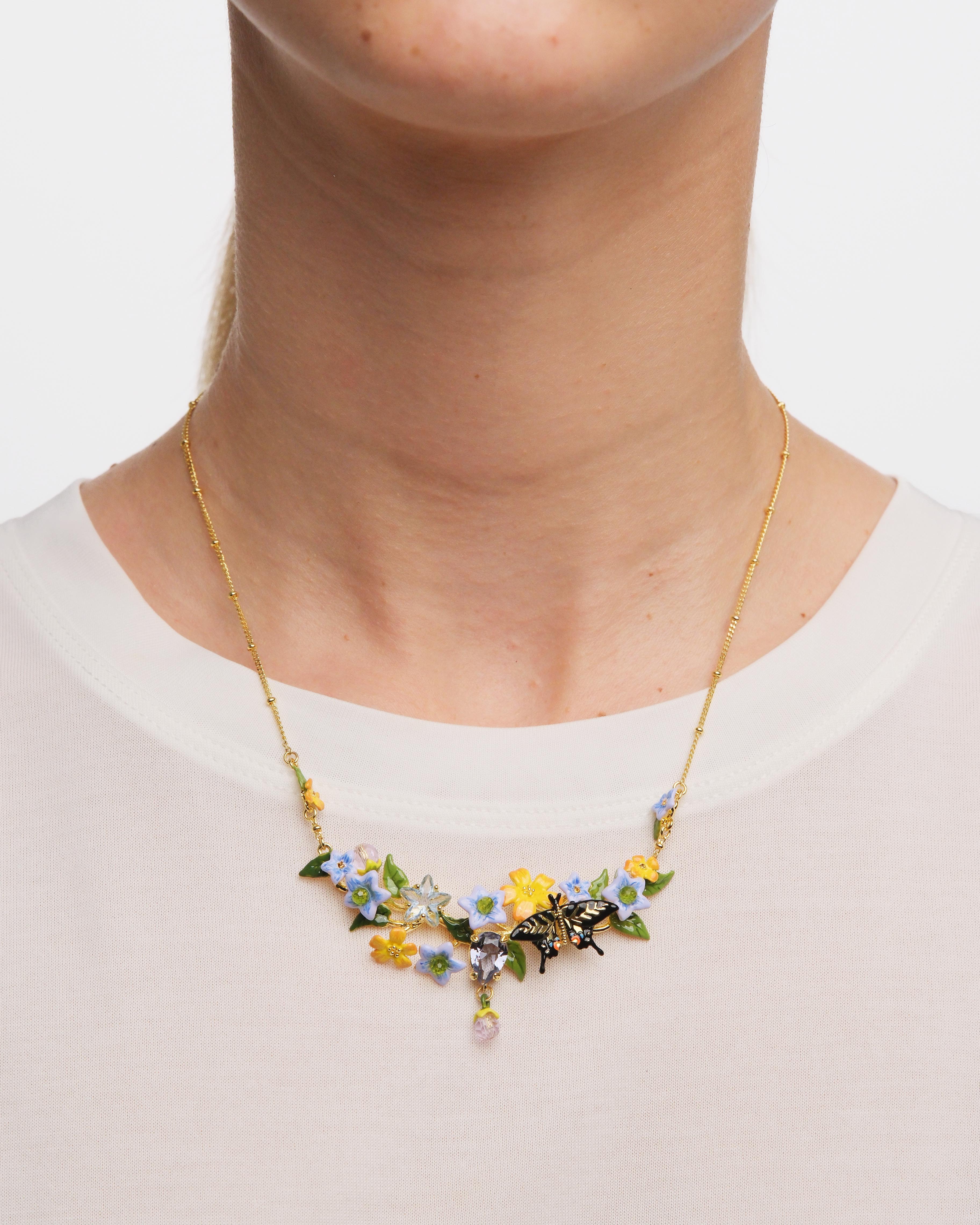 Butterfly, jasmine flowers and faceted glass Statement necklace