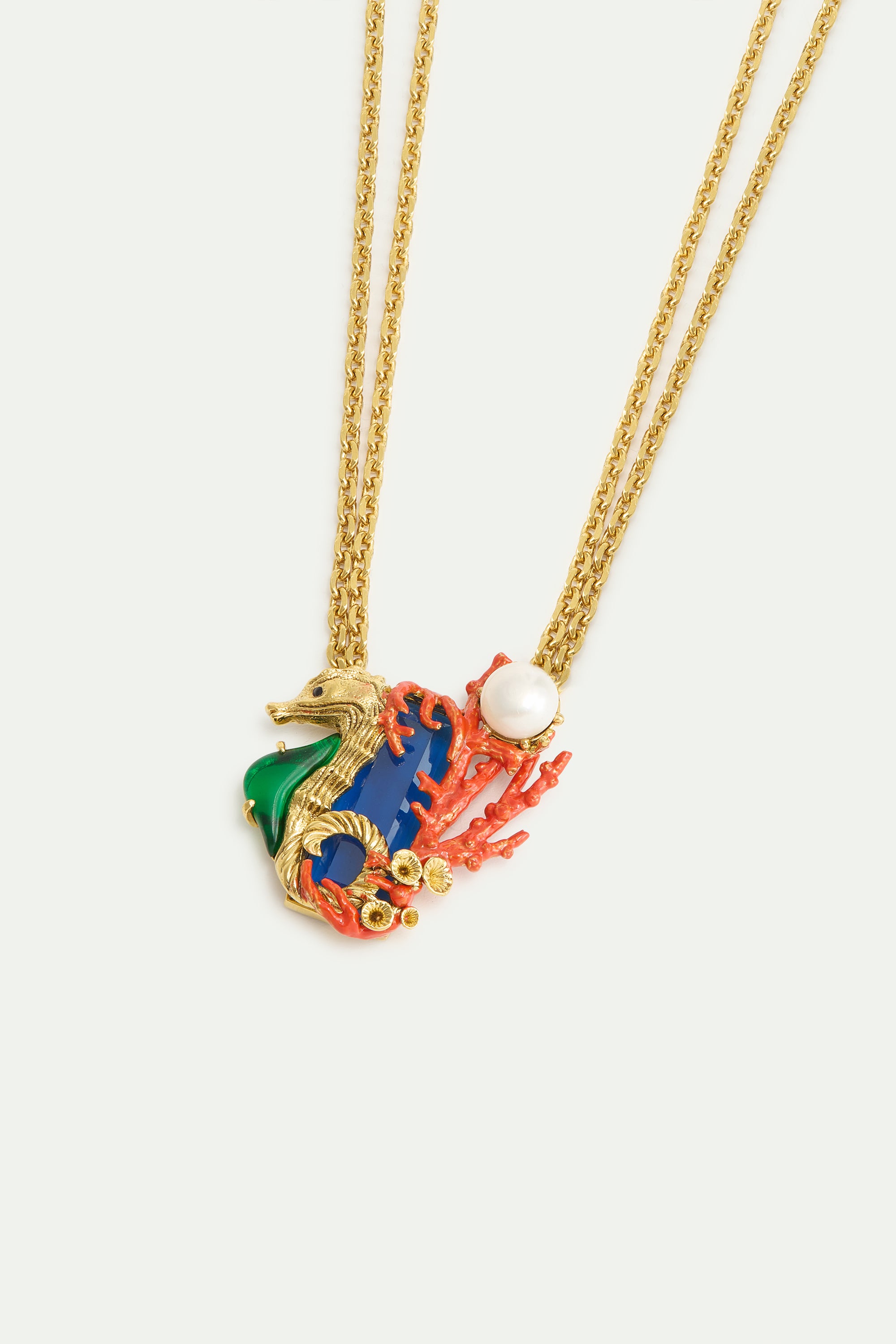 Collar piedra azul marino y caballito de mar verde y dorado