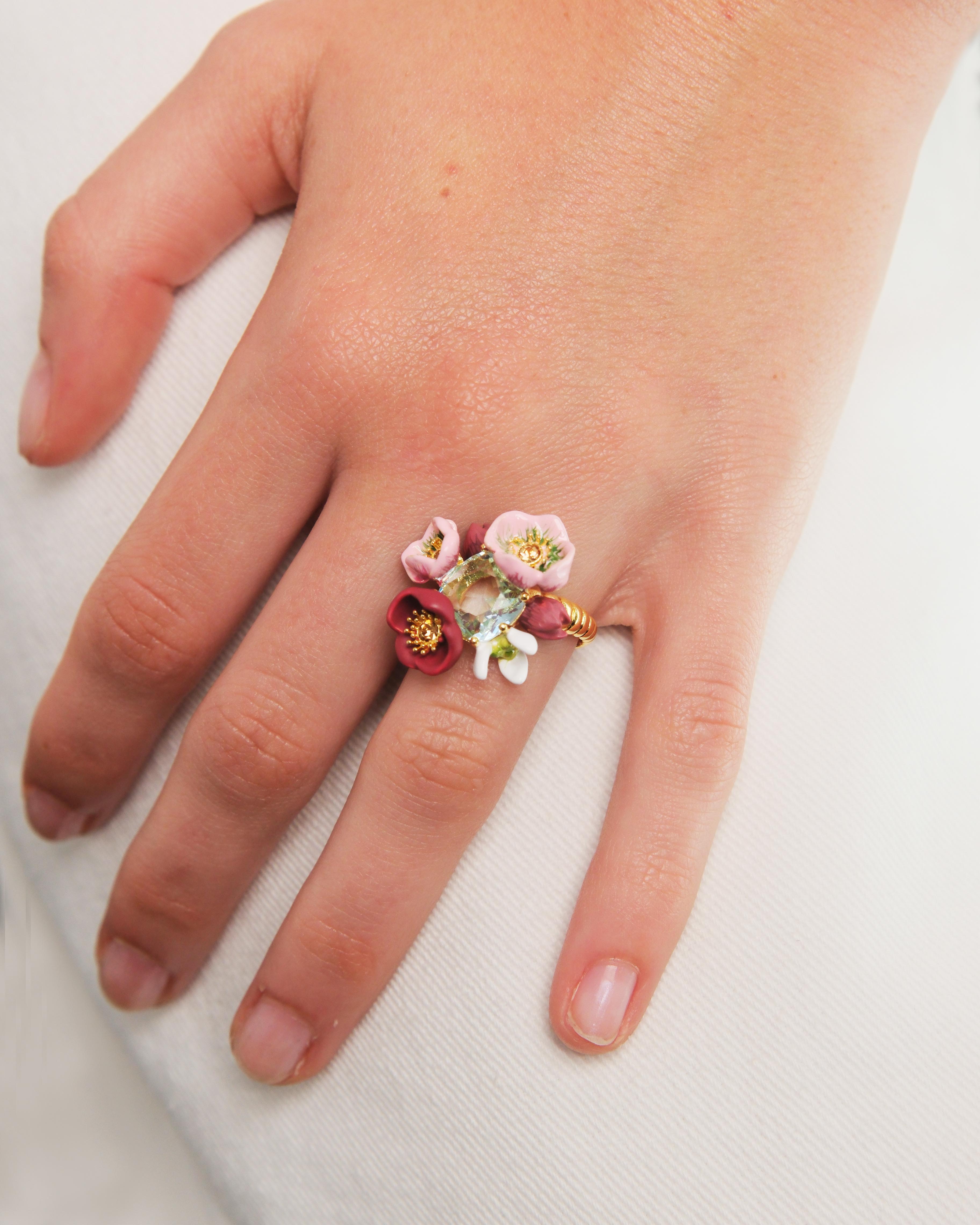 Hellebore flower bouquet and faceted stone cocktail ring