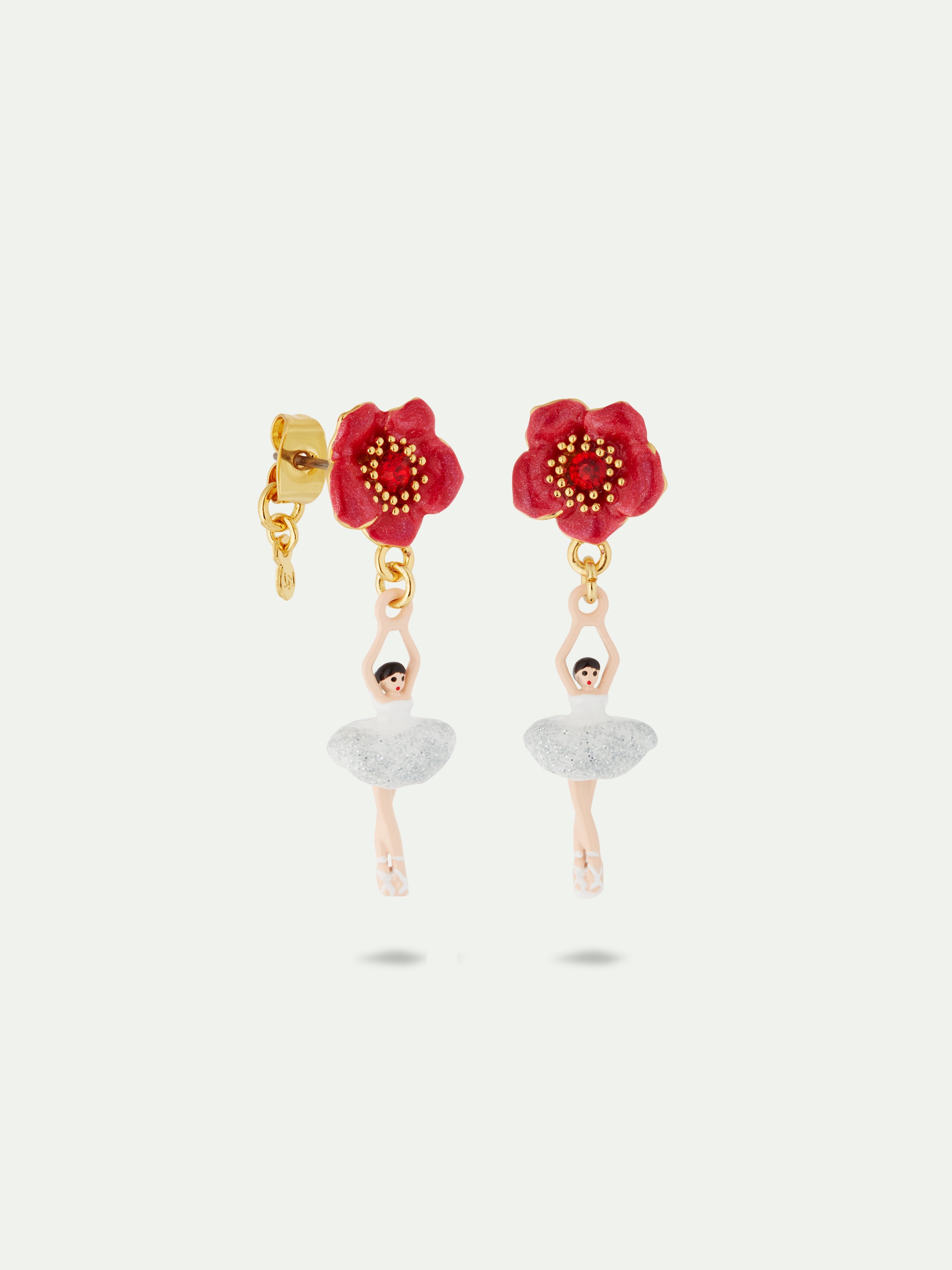 Ballerina and red flower clip-on earrings