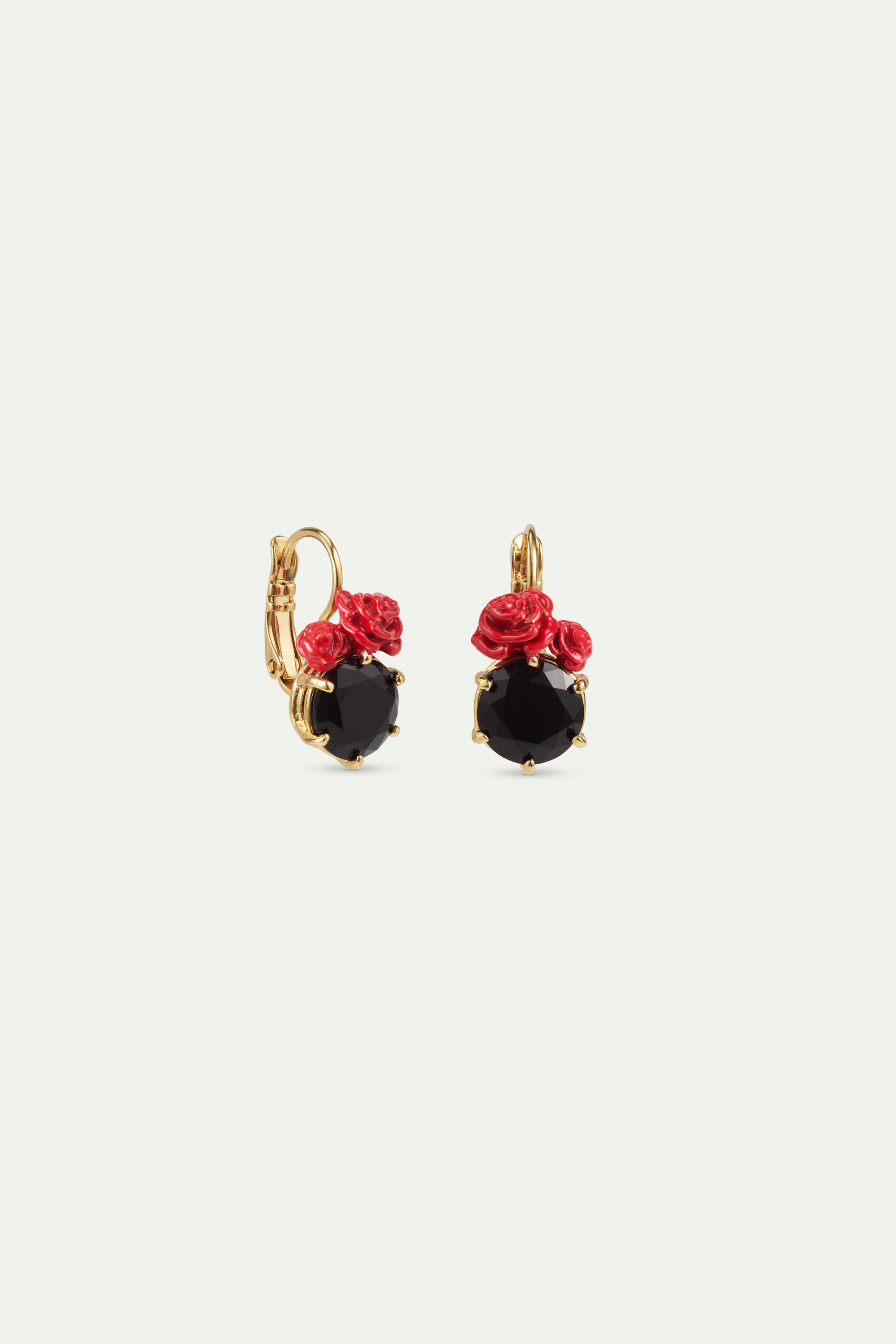 Black faceted stone and red rose sleeper earrings