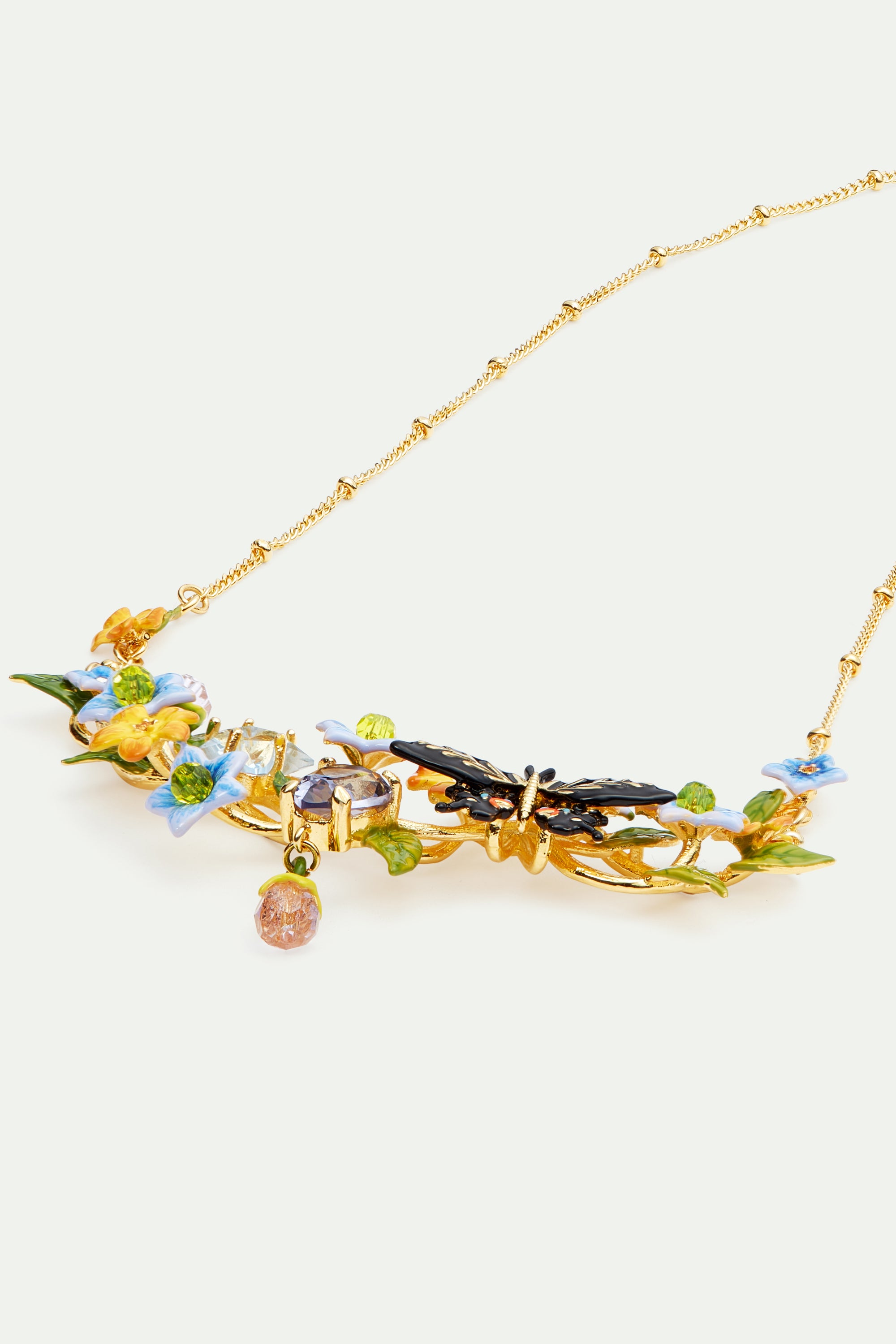 Butterfly, jasmine flowers and faceted glass Statement necklace