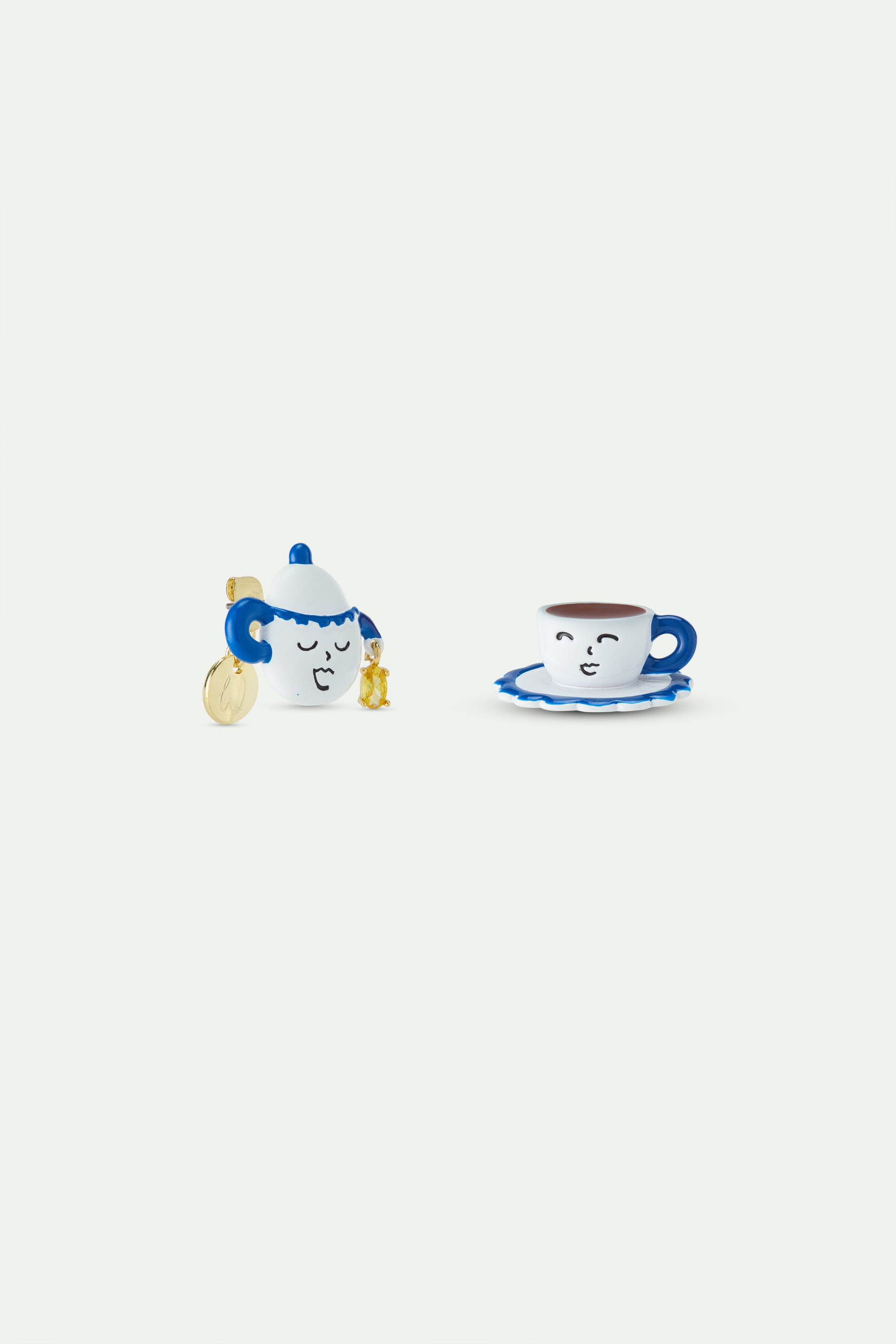 Asymmetric post earrings with blue and white teapot and little yellow stone