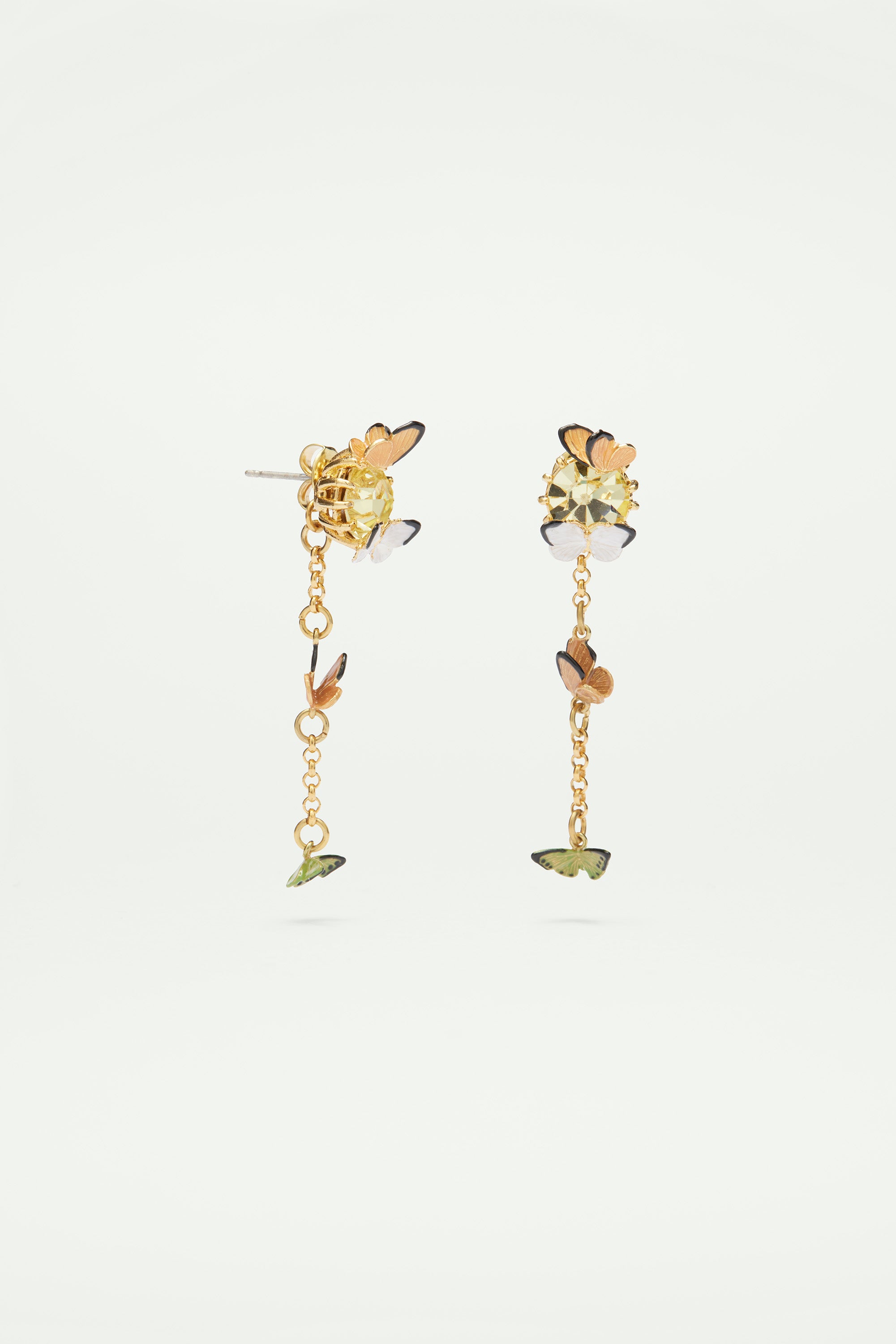 Enamelled butterfly and cut glass stone dangling post earrings