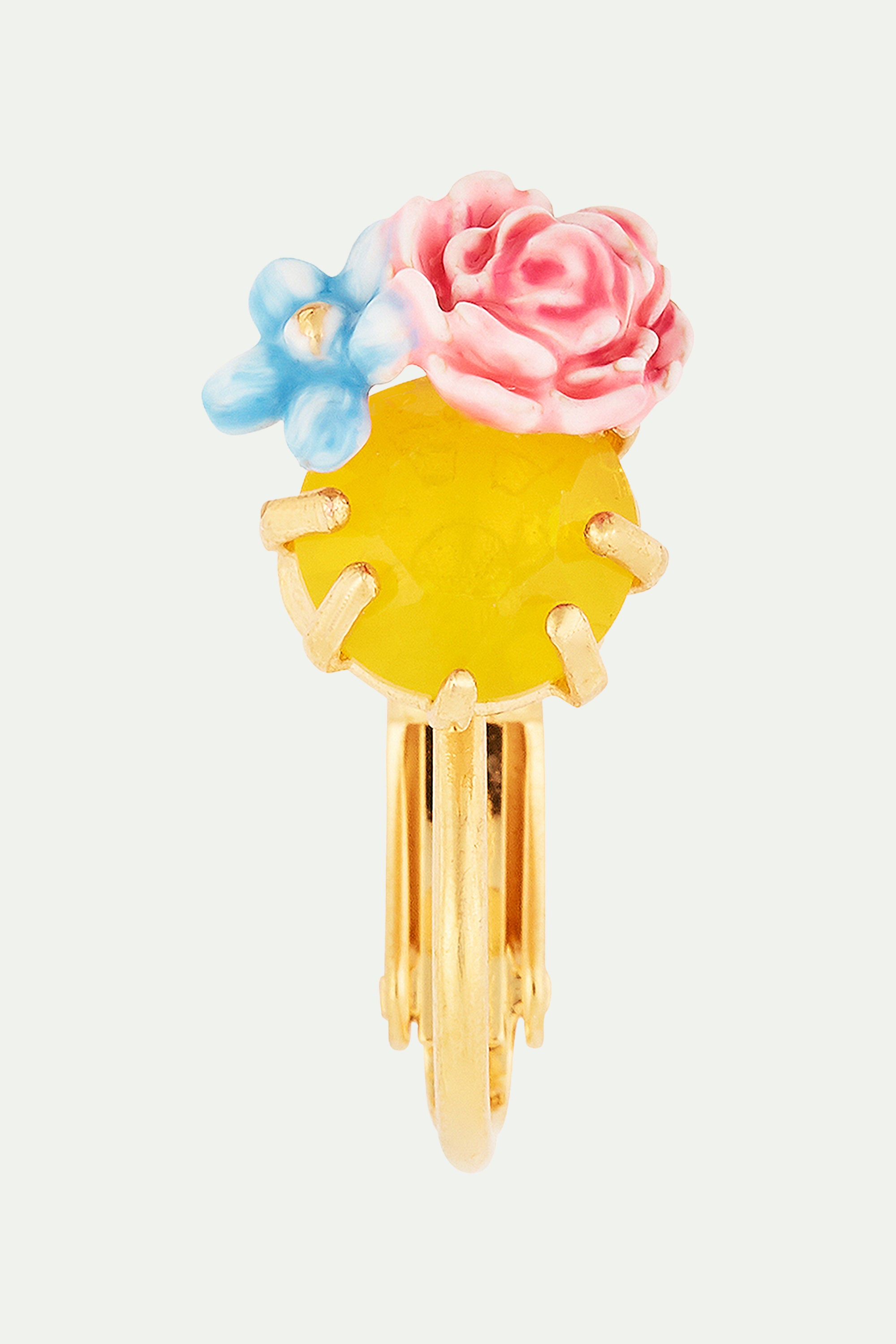 Peony and Faceted Glass Stone Clip-on Earrings