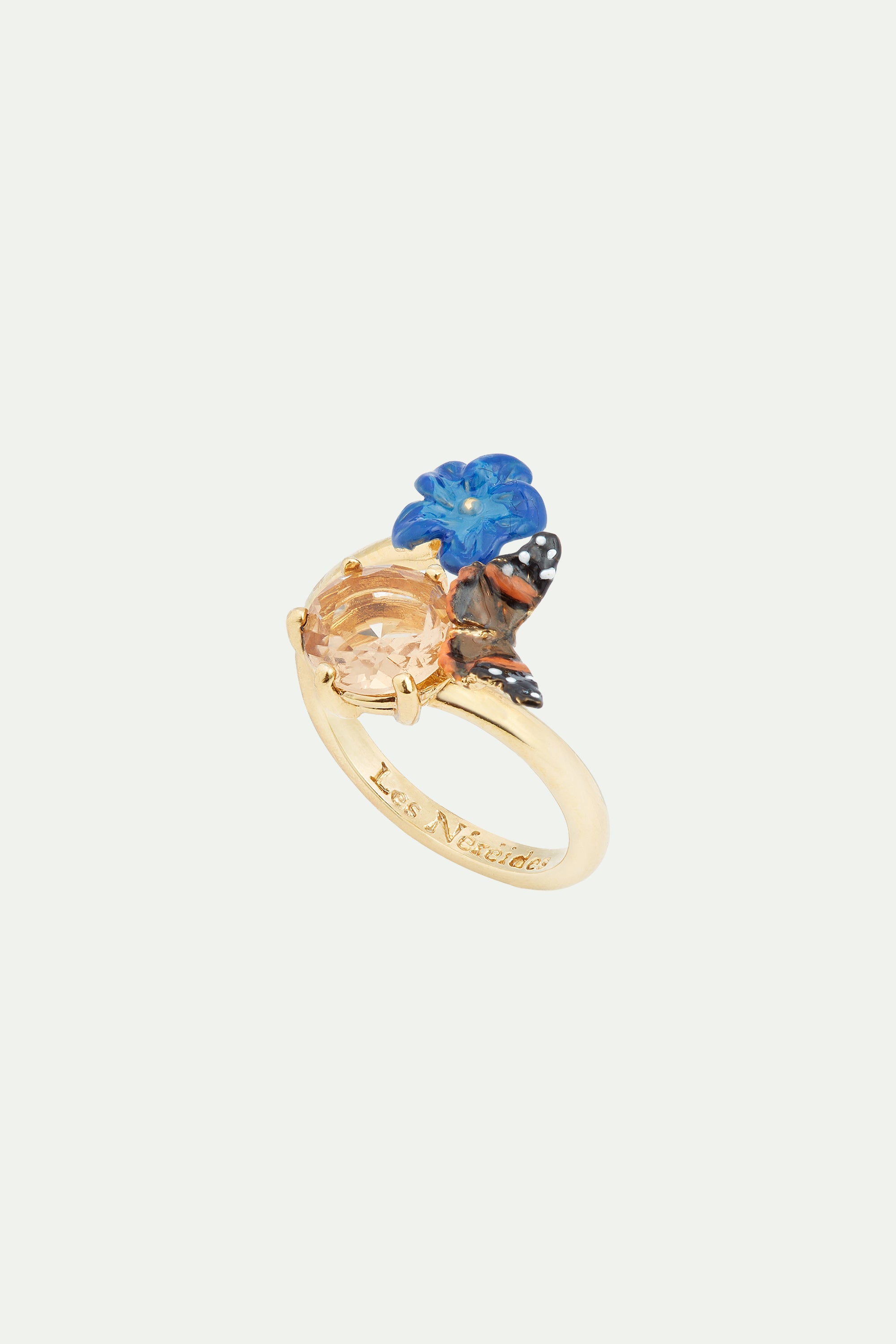 Blue flax flower and butterfly adjustable ring