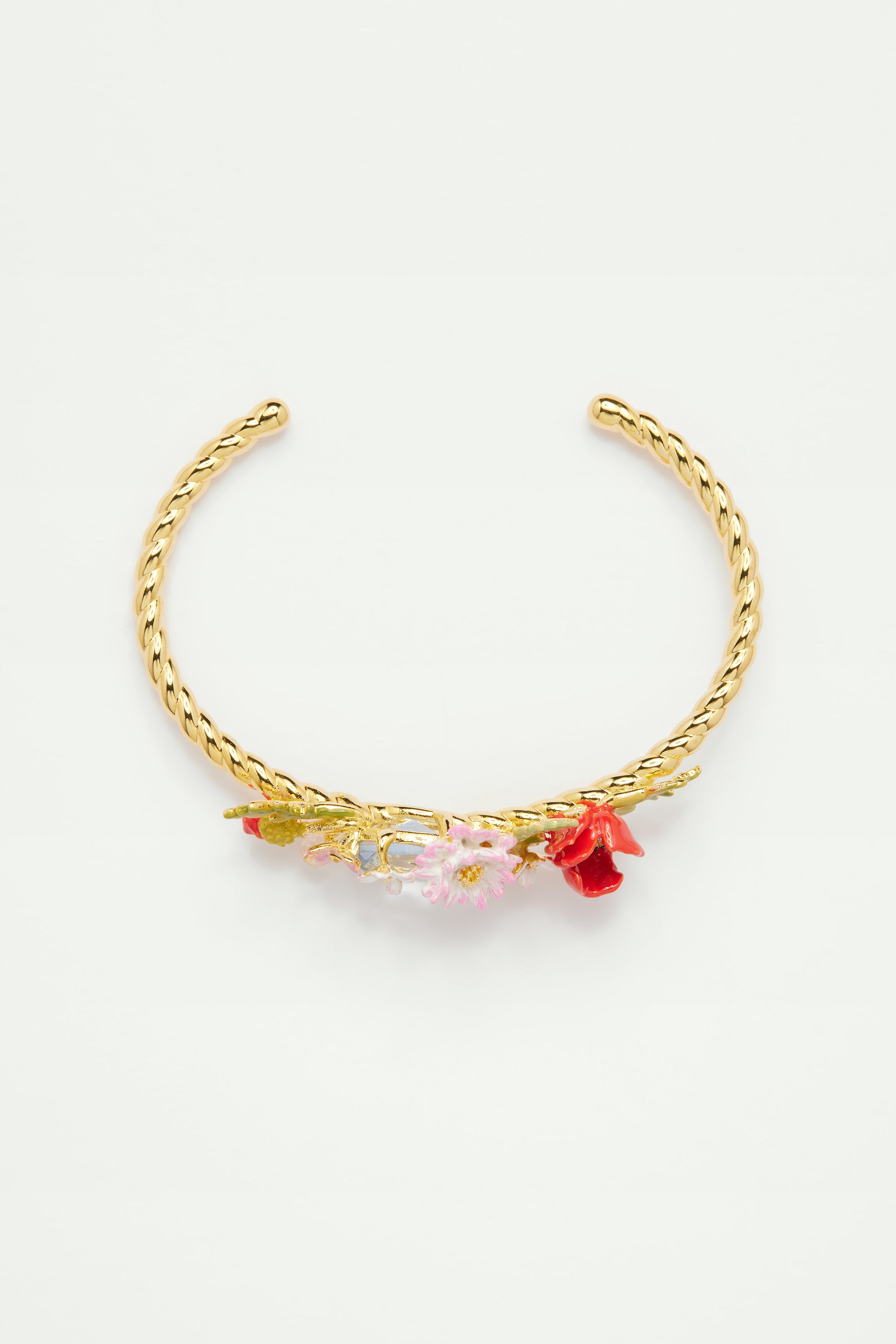 Poppy, daisy and blue cut glass stone bangle bracelet