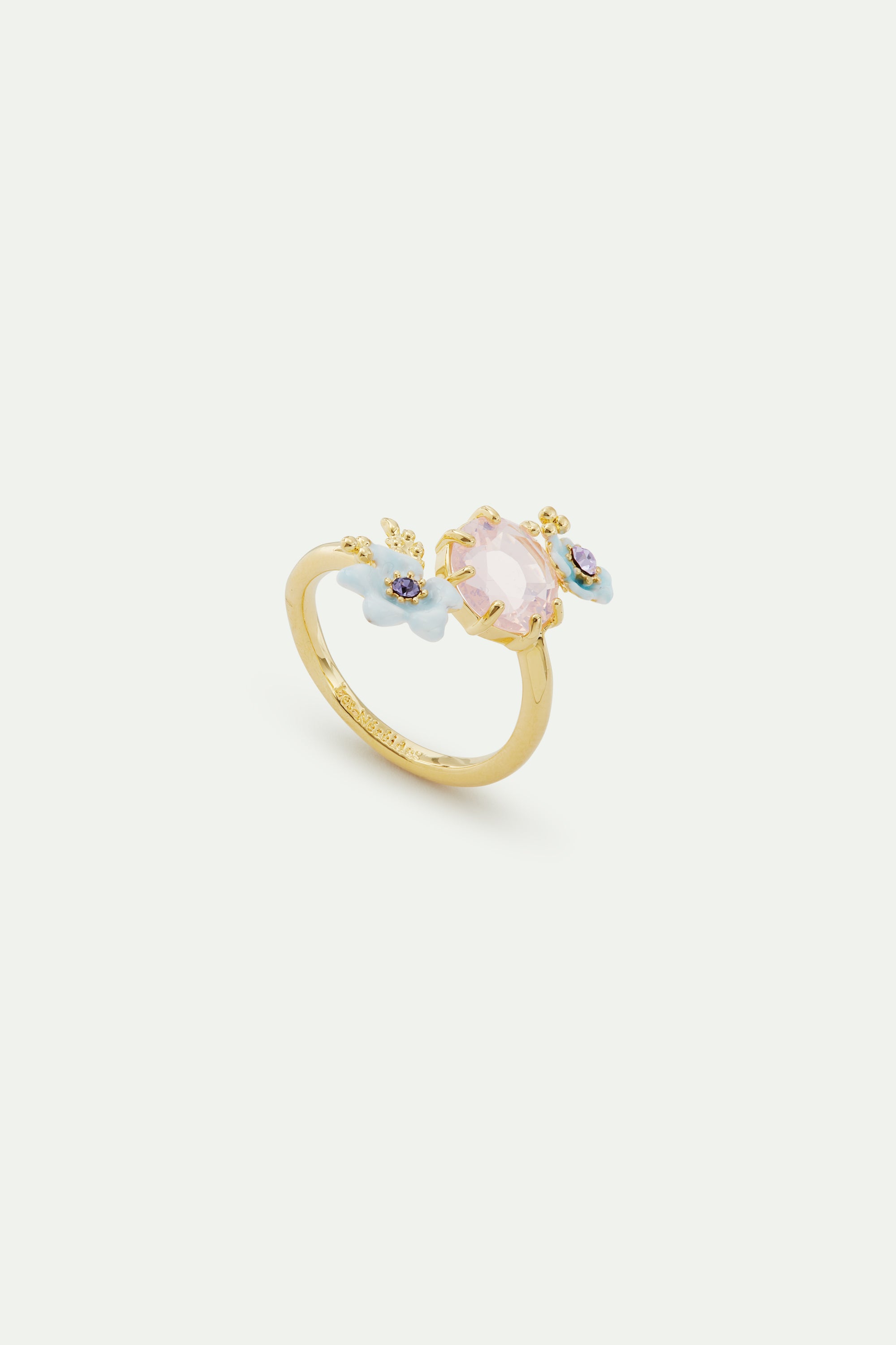 Anillo ajustable boda piedra violeta, pequeñas flores y cristales