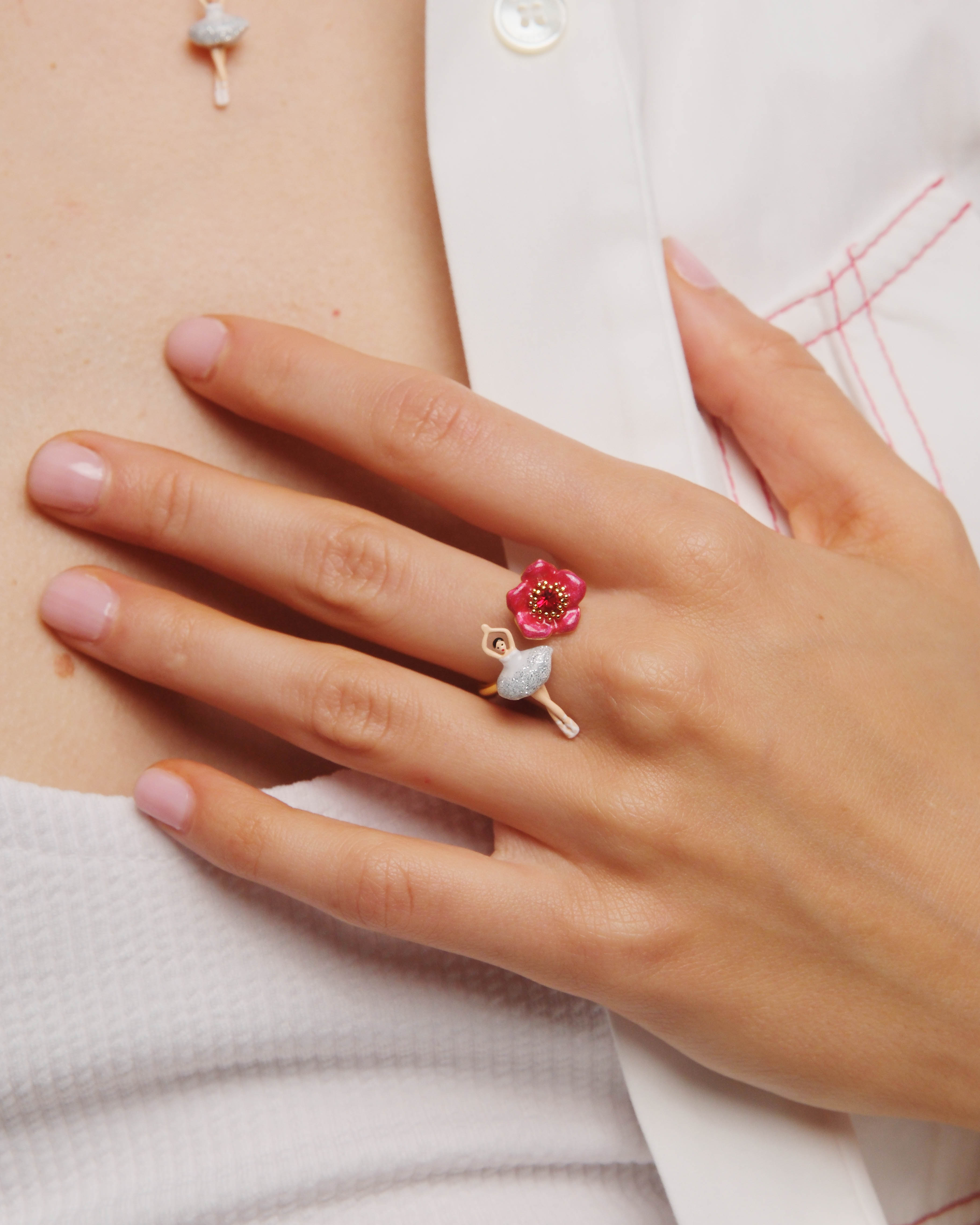 Ballerina and red flower adjustable ring