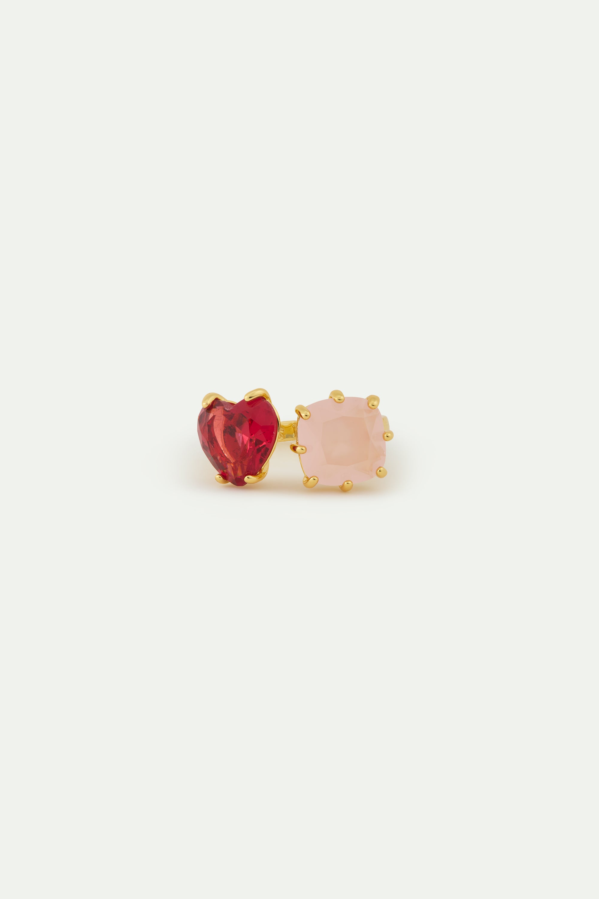 Dark pink and light pink Diamantine you and me ring with heart-shaped and square stones.