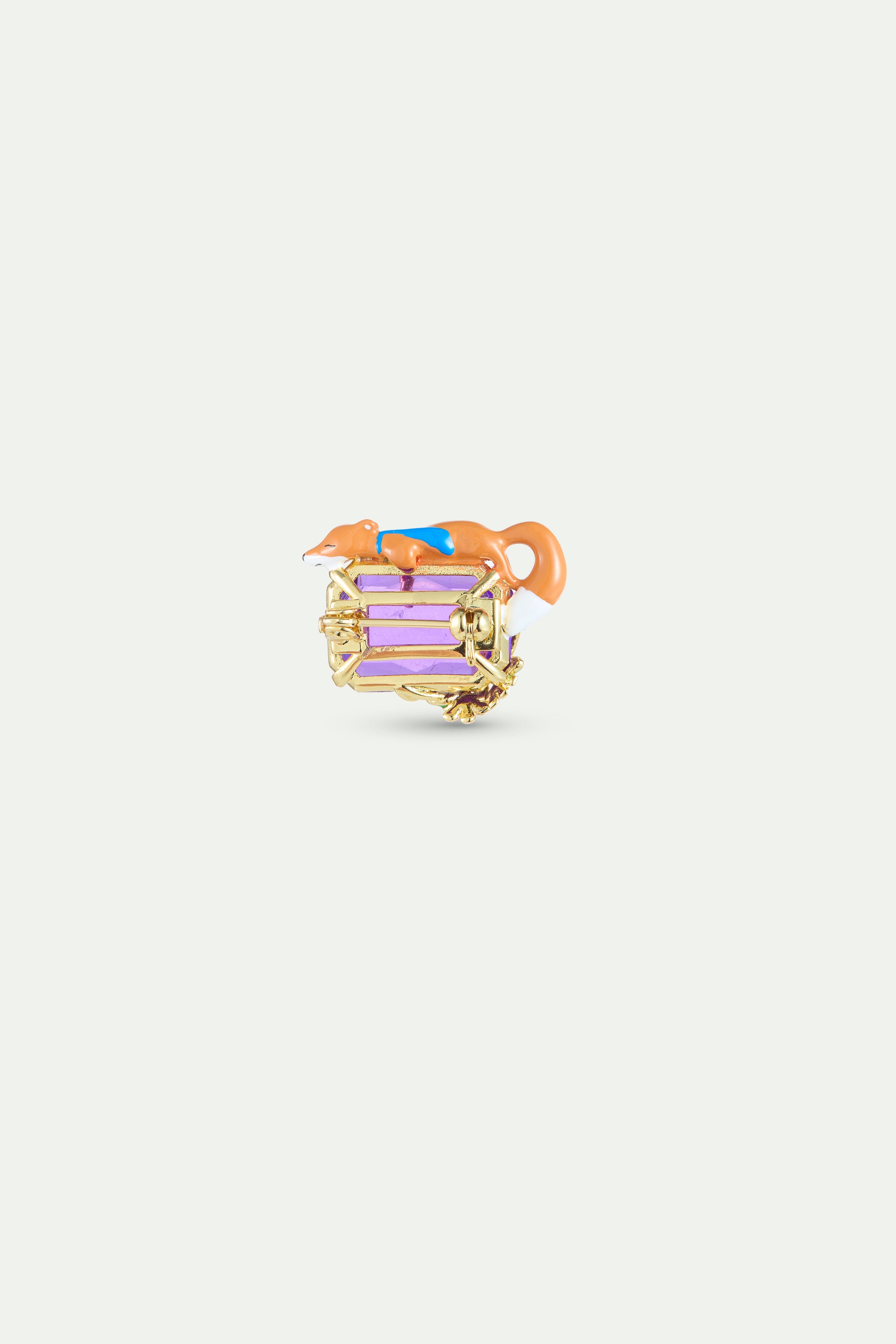 Broche pierre rectangulaire violette, Renard et fleurs