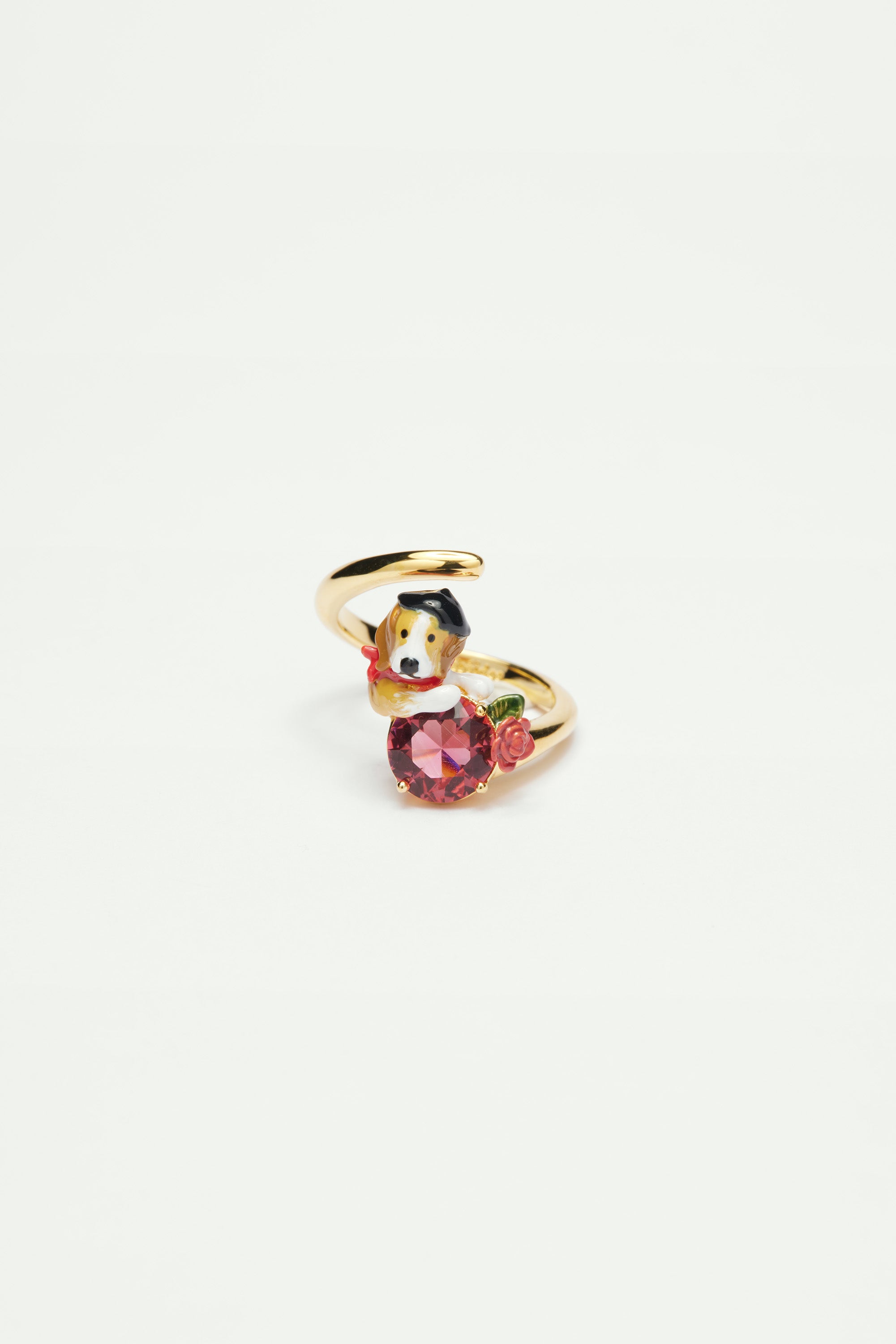 Anillo ajustable beagle y piedra de cristal tallado rosa