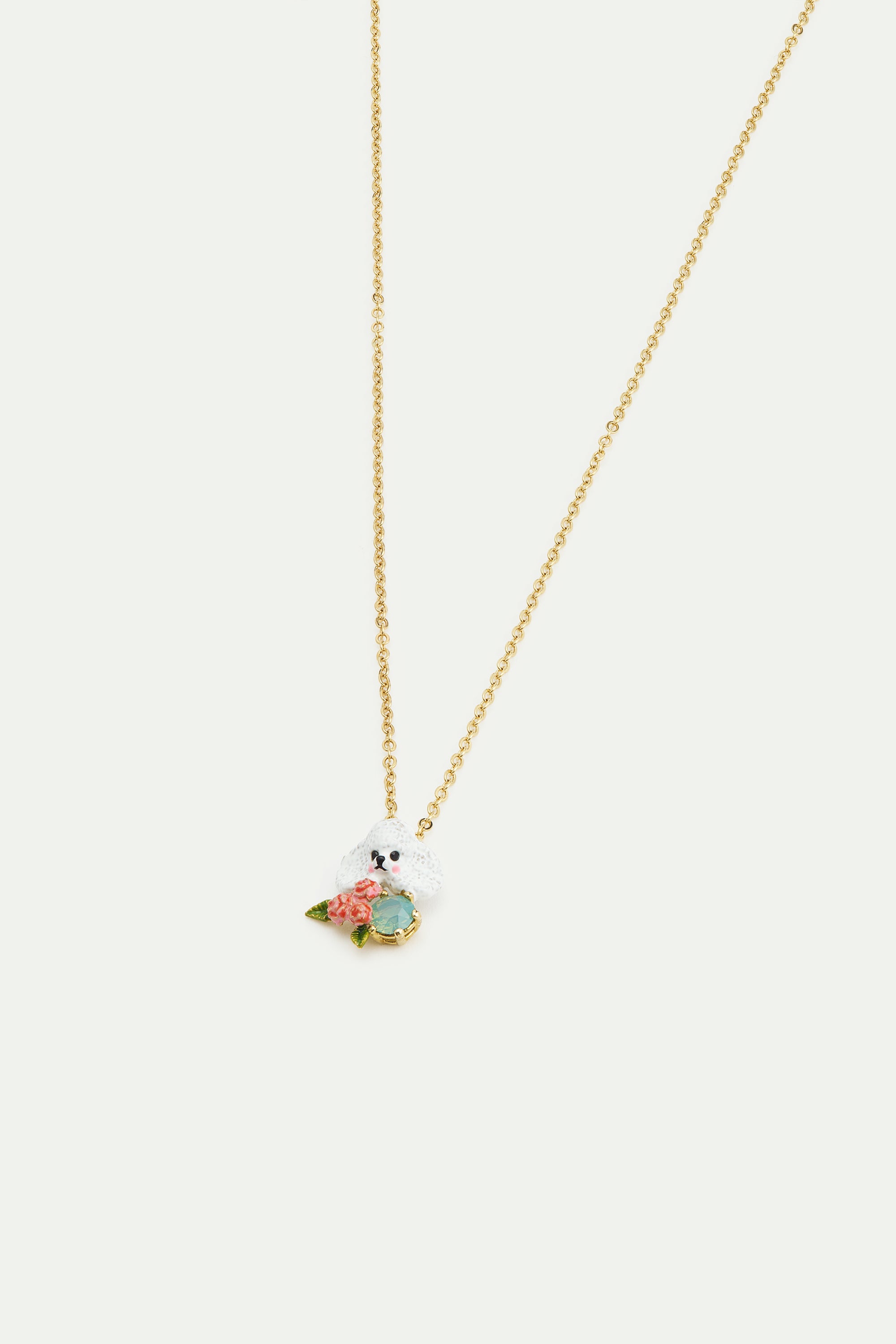 Poodle pendant necklace with pink roses and a blue stone