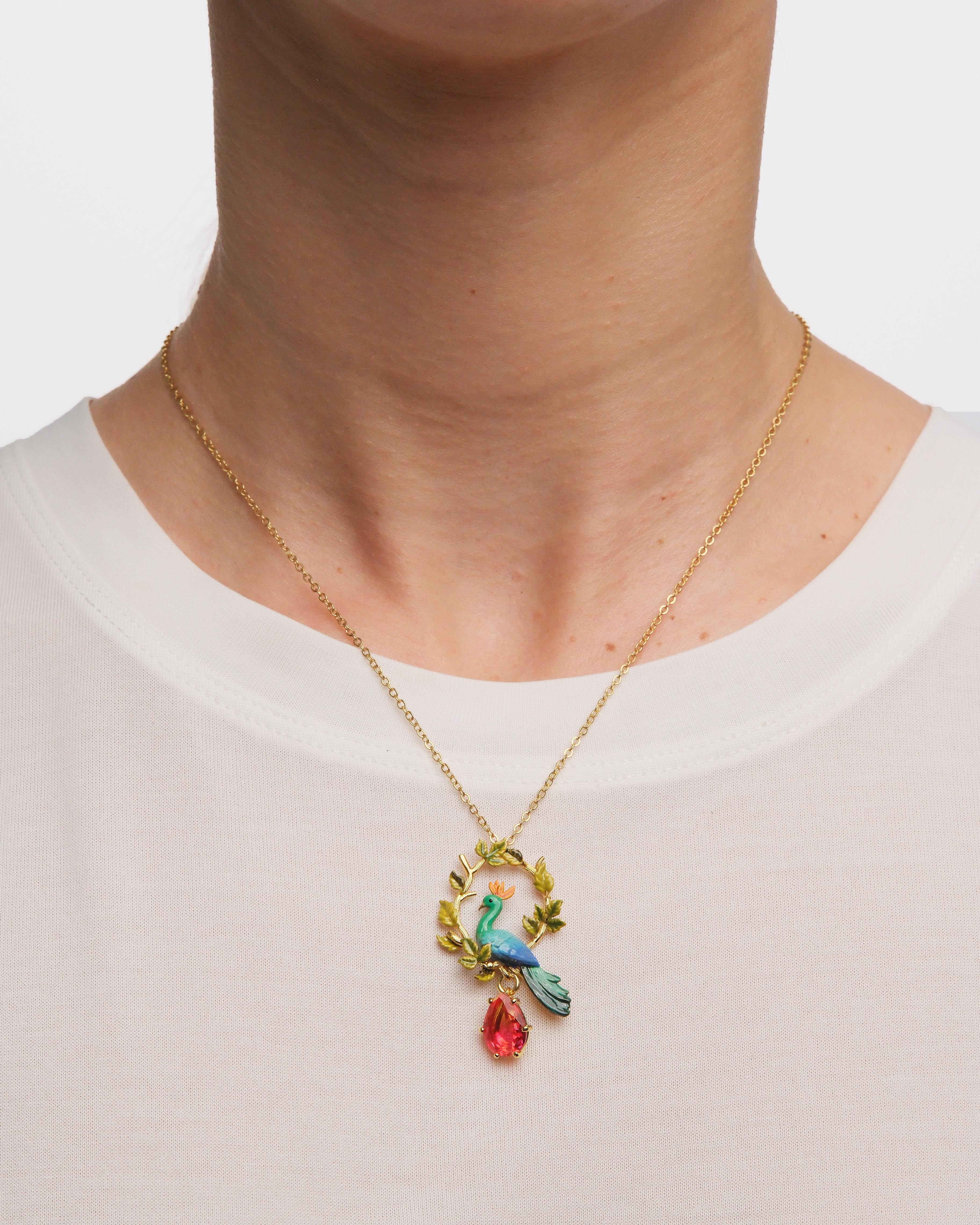 Peacock and faceted glass pear pendant necklace