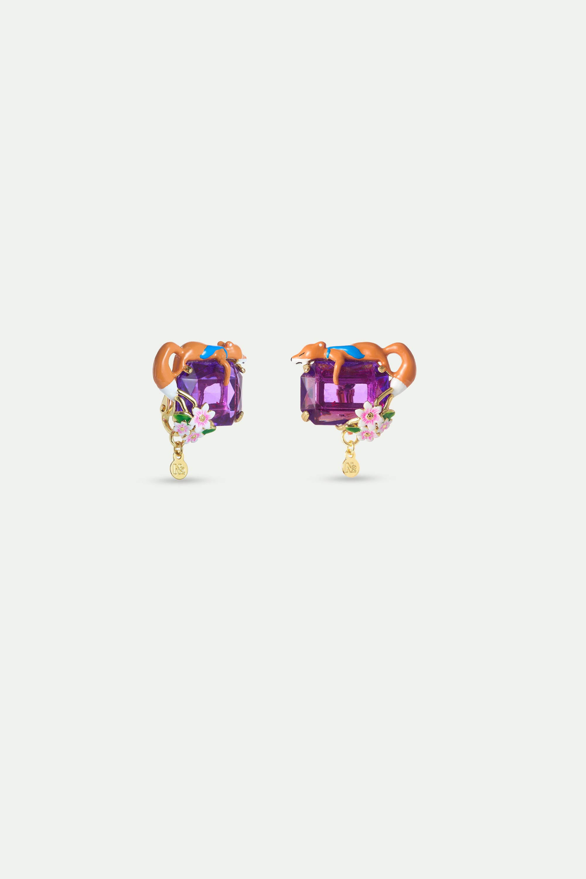 Boucles d'oreilles pierre rectangulaire violette, Renard et fleurs