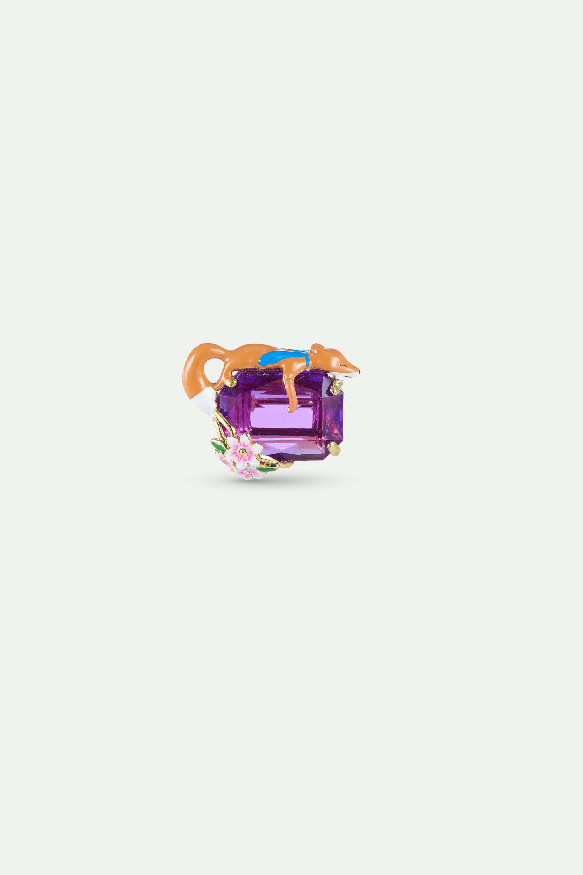 Broche pierre rectangulaire violette, Renard et fleurs