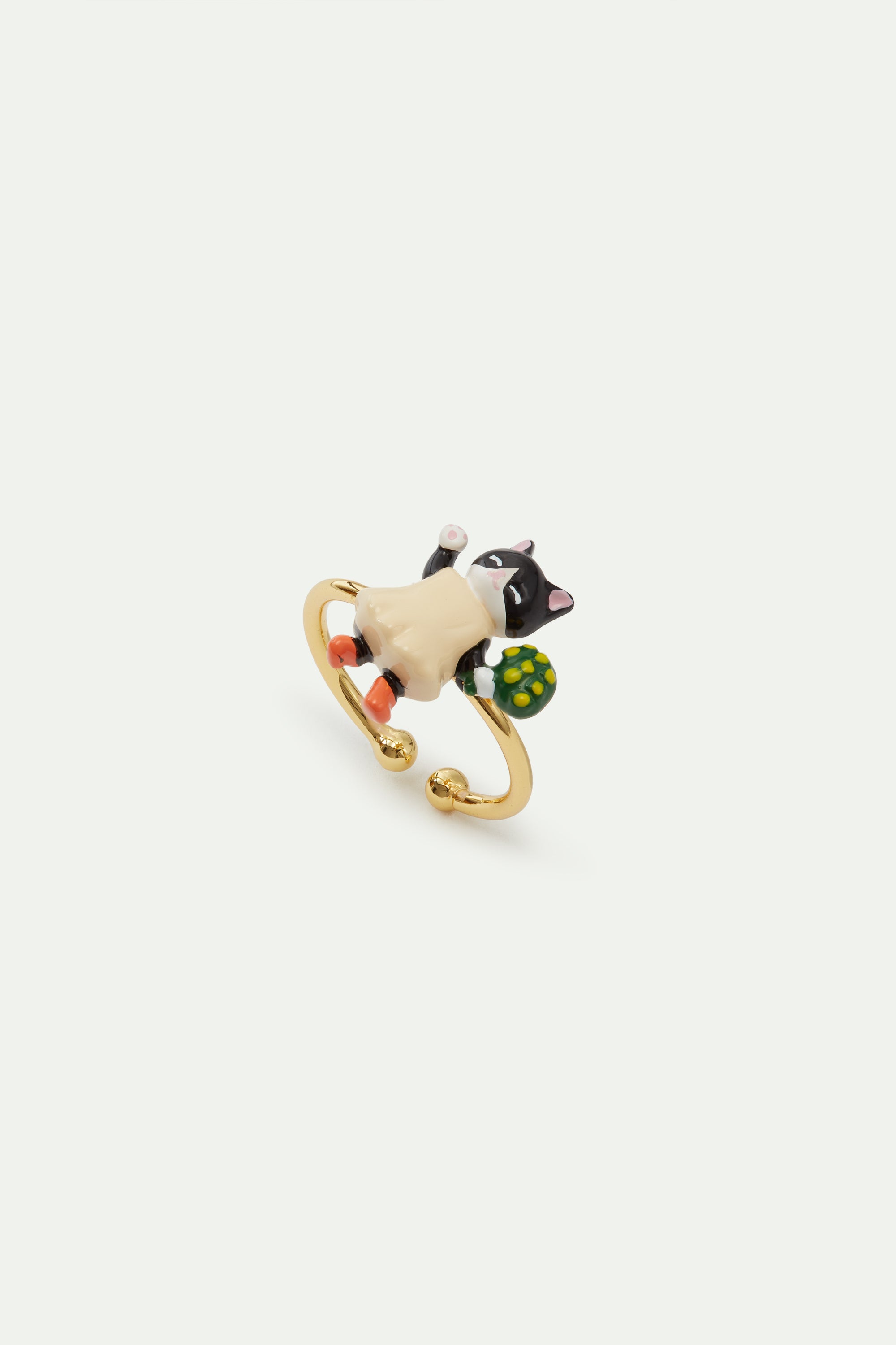 Black kitten and flower bouquet adjustable ring