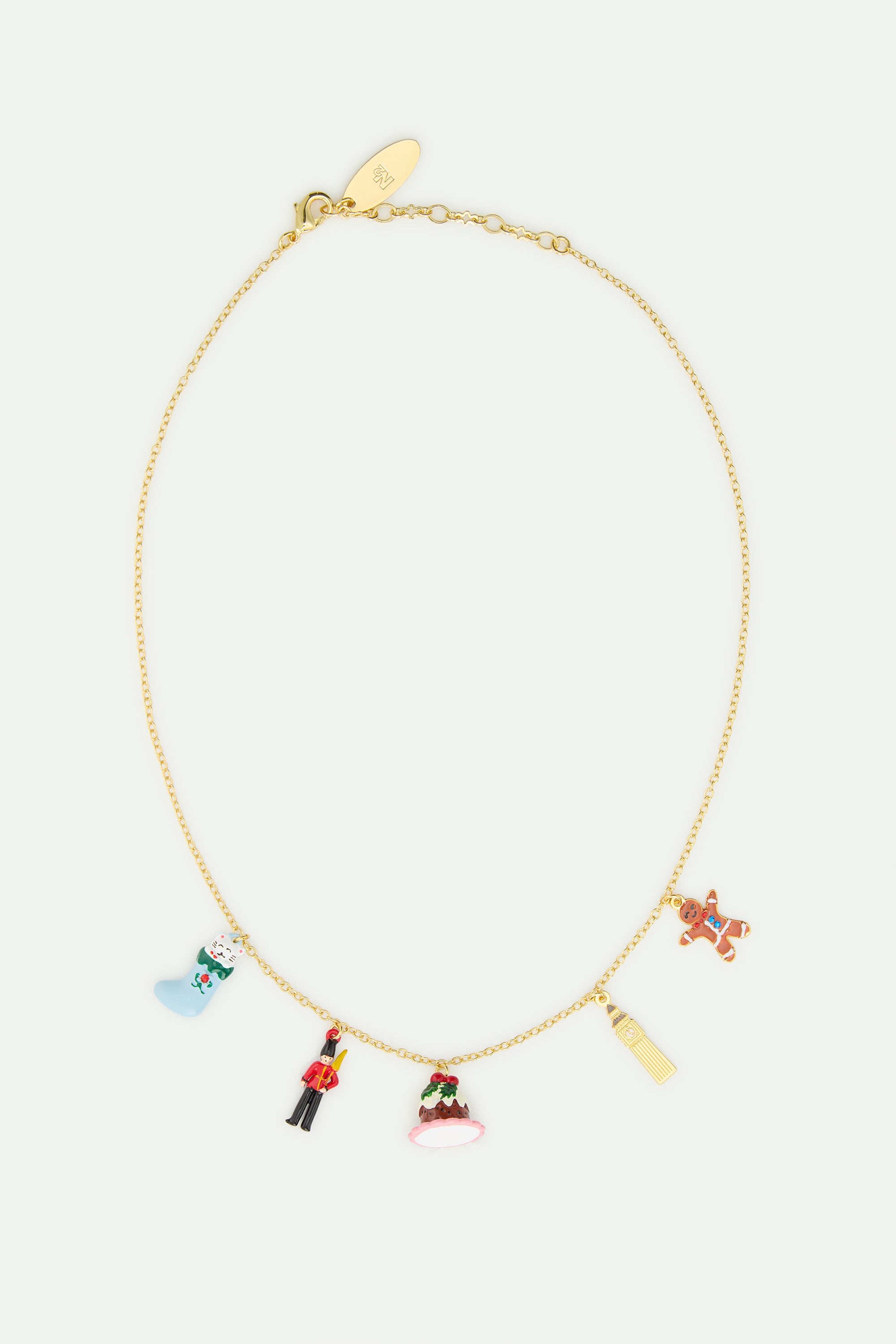 Christmas stocking, king's guard, christmas pudding, Big Ben and gingerbread man charm necklace